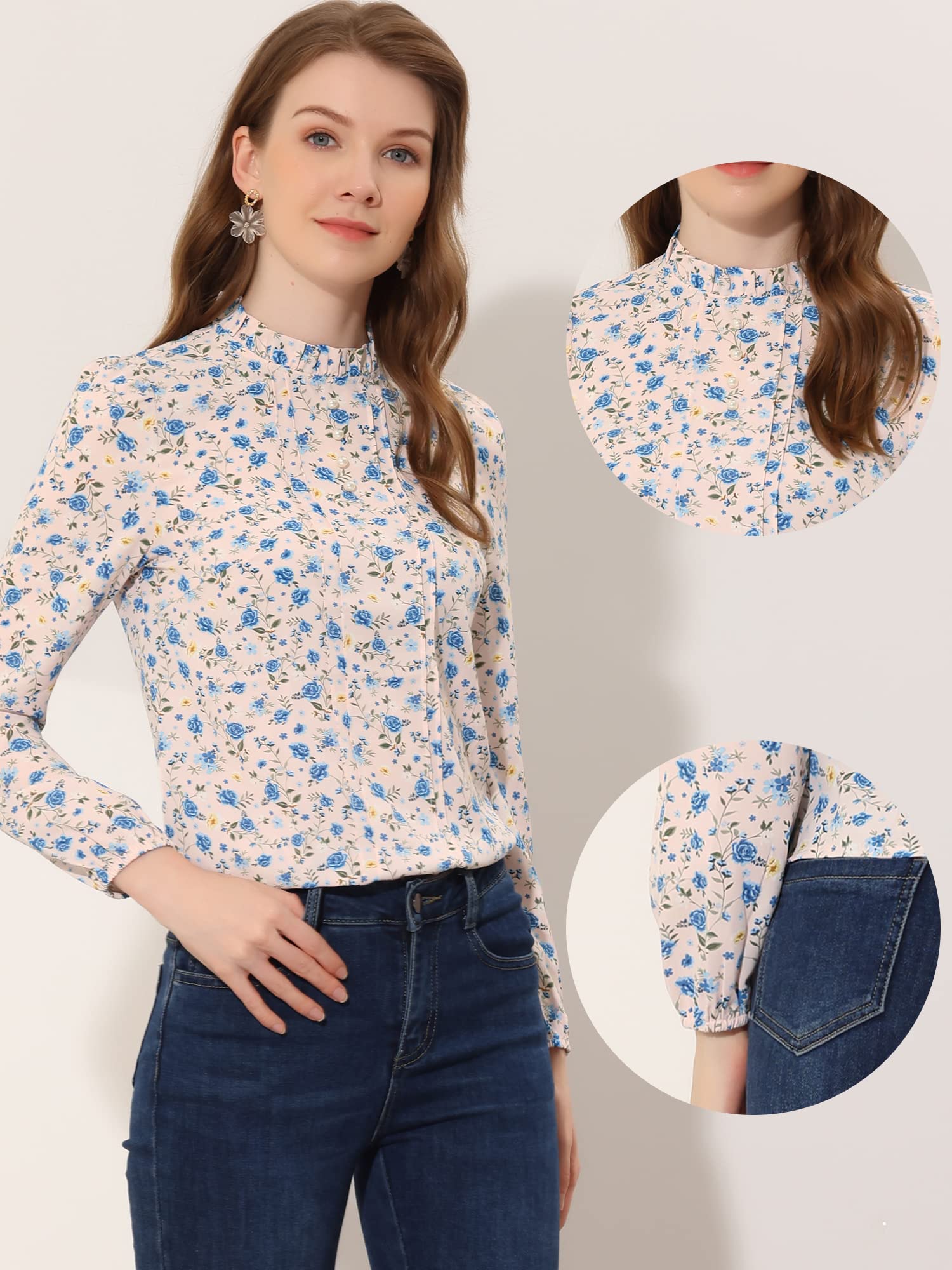 Allegra K Women's Floral Flounce Mock Neck Long Sleeve Blouse - Elegant Work Tops for Office, Party & Special Occasions