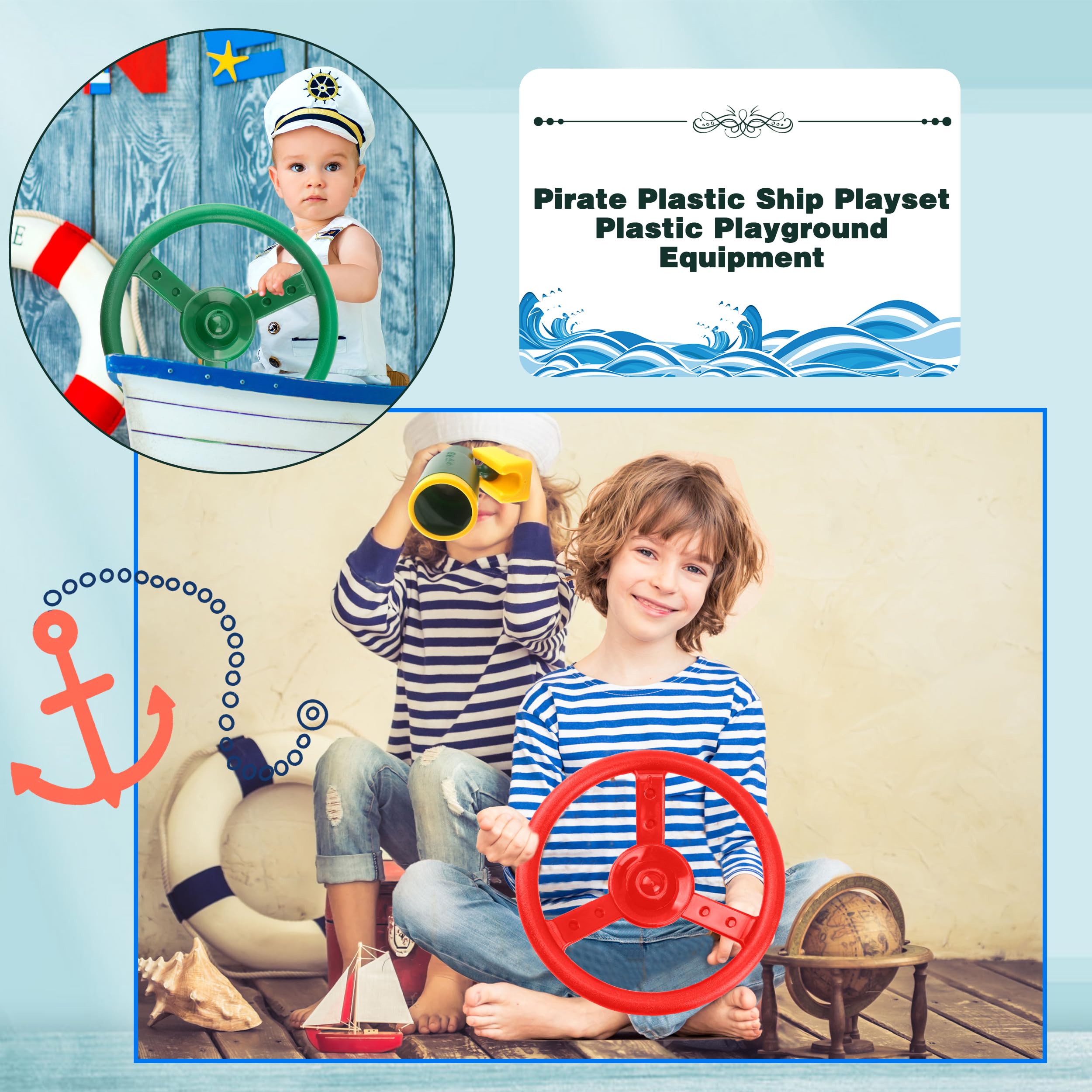 2 Pack Plastic Pirate Ship Steering Wheel Playset with Mounting Tools - Kids Outdoor Playground & Gym Toy for Pretend Play (Green, Red) - Perfect for Backyard, Park, and Indoor Adventure Games