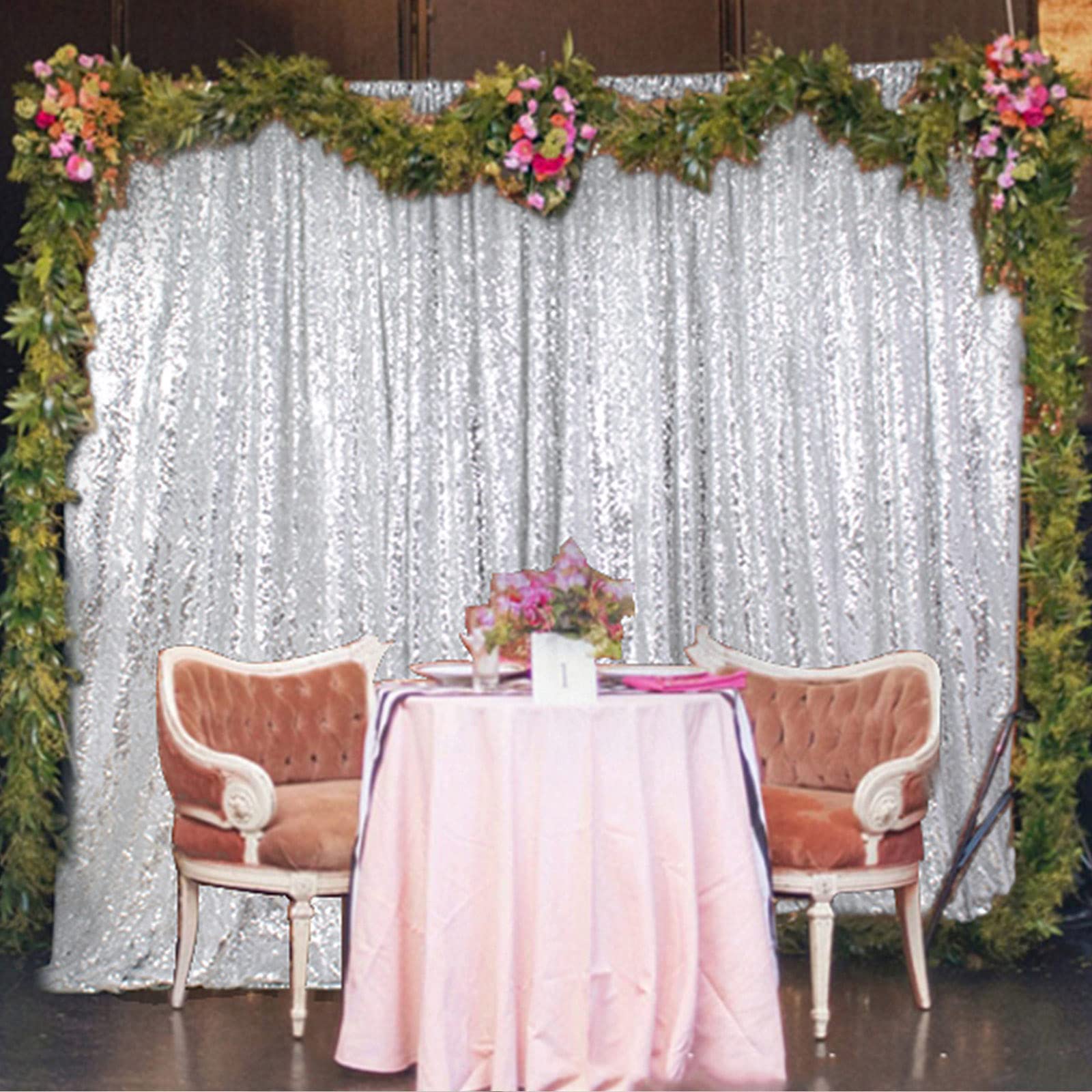 4FTx8FT Silver Sequin Backdrop Curtain - Glitter Photo Background for Wedding, Party & Events - Shimmer Sequin Fabric Photography Backdrop Panel - Perfect for Birthday Decor, Stage Shows & Instagram Photos (Silver, 4FTX8FT)