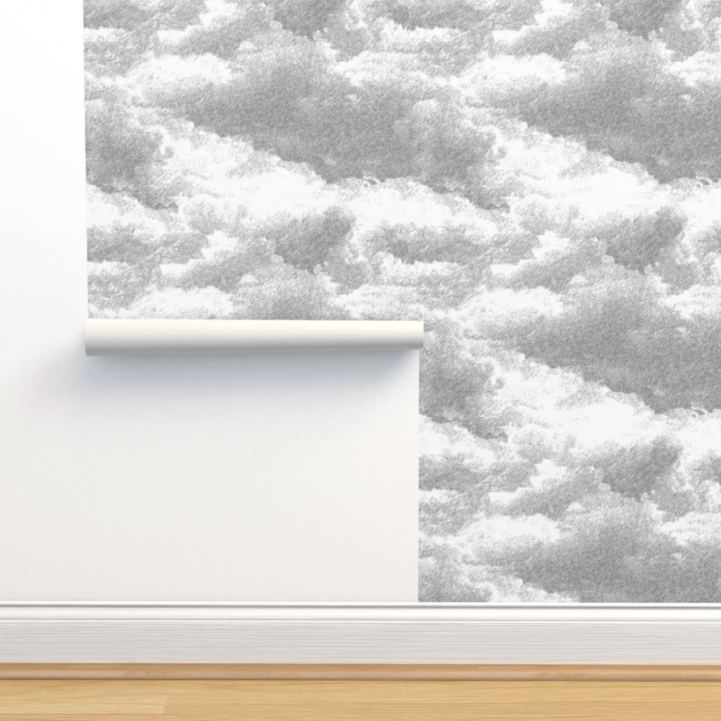 Peel & Stick Removable Wallpaper - 9ft x 2ft Stormy Sky Clouds Design in Gray & White | Weather-Themed Custom Wall Decal by Spoonflower | Perfect for Bedrooms, Living Rooms & Home Offices