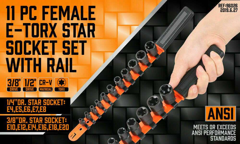 11-Piece E Torx Socket Set - Female External Star Bit Sockets E4 to E20 - 3/8