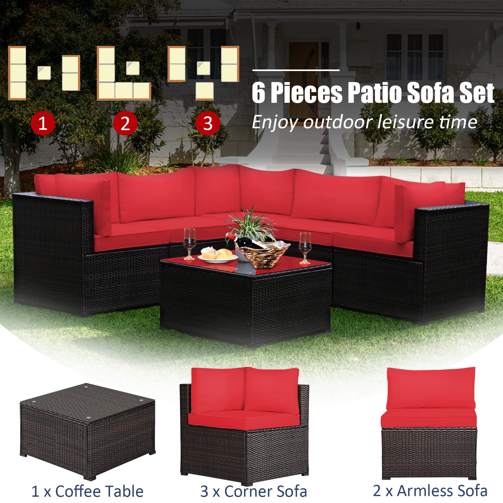 Tangkula 6-Piece Outdoor Patio Furniture Set - Rattan Wicker Sofa Sectional with Tempered Glass Coffee Table & Cushions - Red Conversation Set for Backyard, Garden, Balcony, Poolside - Perfect for Relaxing, Entertaining & Outdoor Gatherings