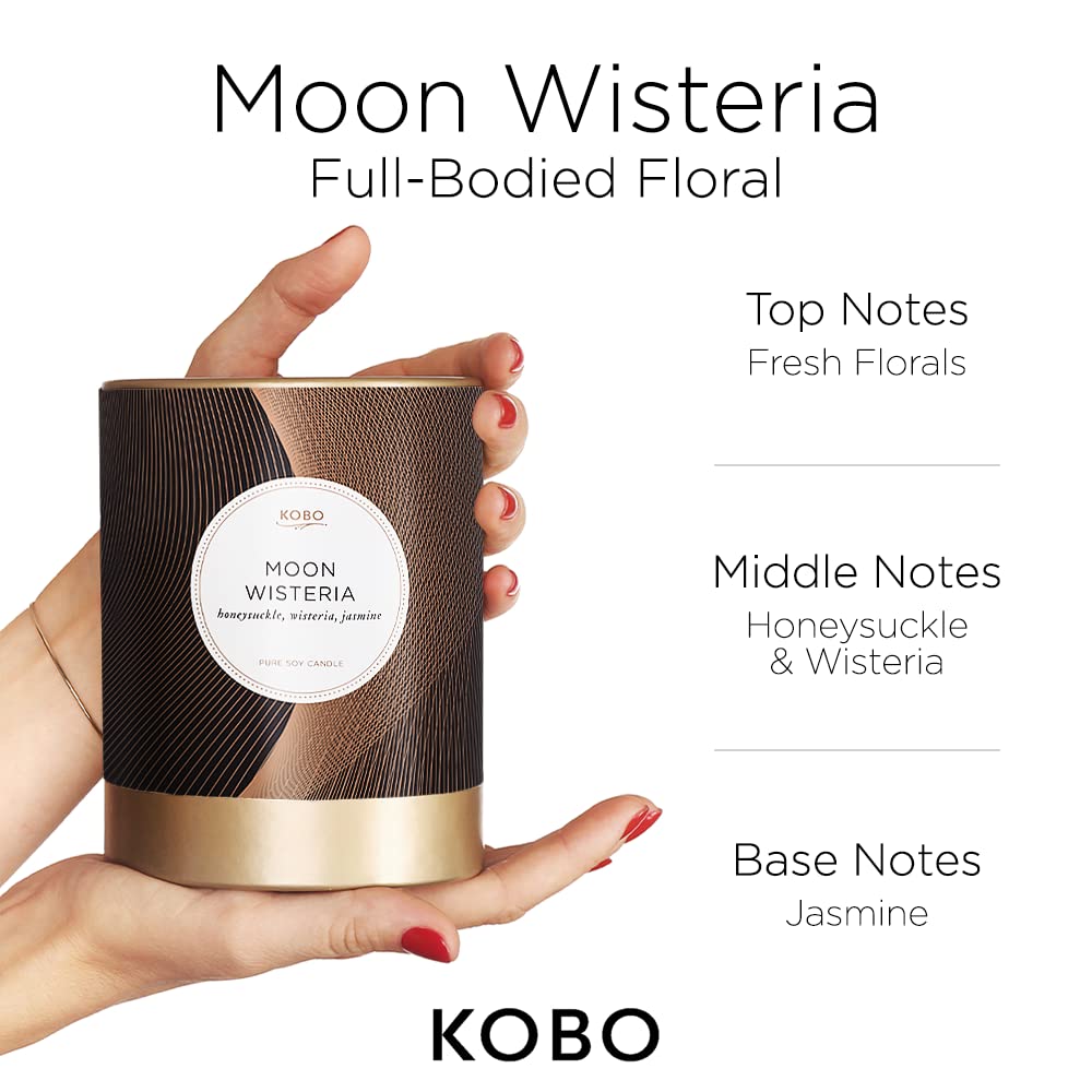 KOBO Moon Wisteria Scented Candle - 11 oz 100% Pure Soy Wax, Hand-Poured in USA | Long-Lasting 80 Hour Burn Time | Natural Home Fragrance Candle for Relaxation, Meditation & Aromatherapy | Perfect for Bedroom, Bathroom & Living Room Décor