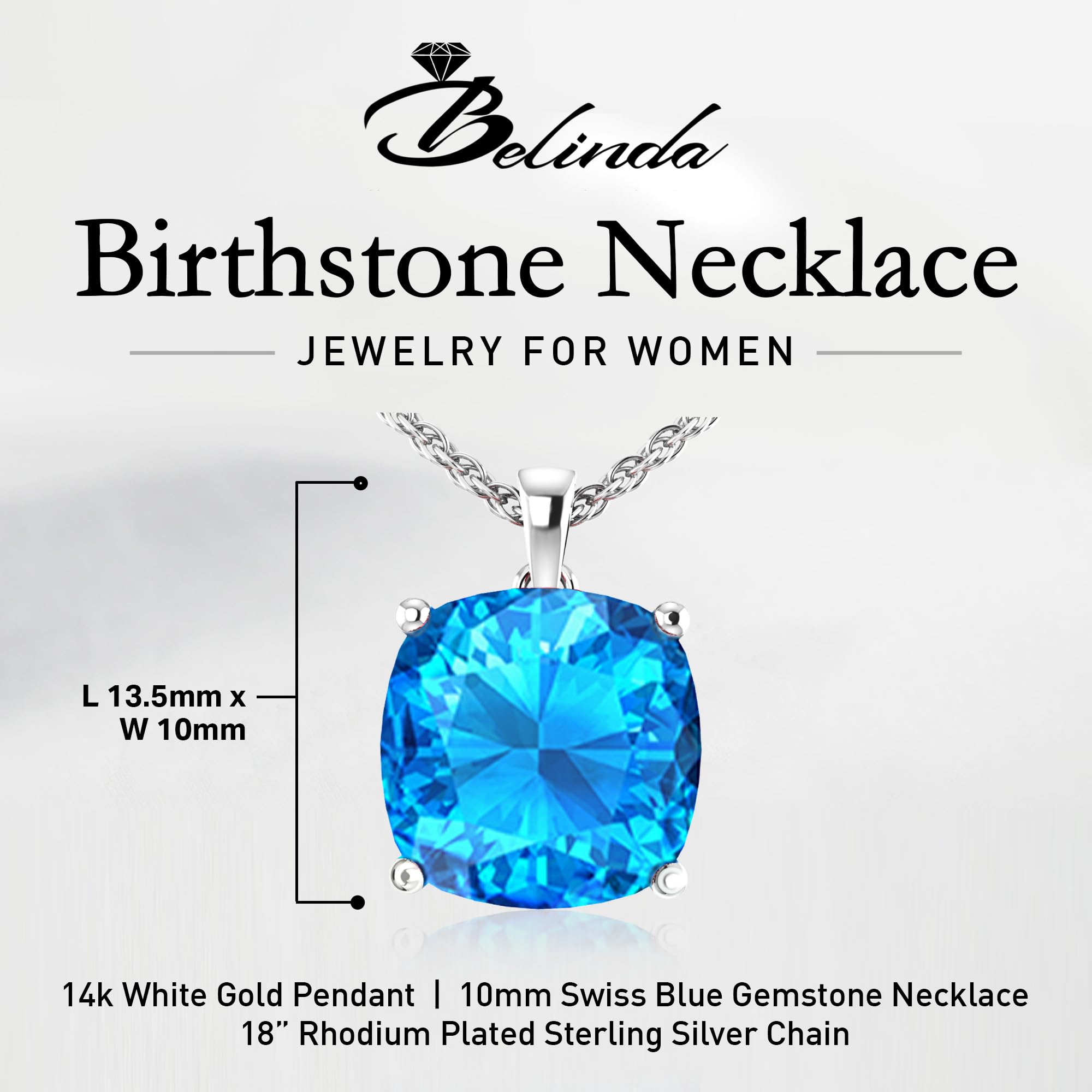 14K White & Yellow Gold Birthstone Pendant Necklace for Women - Sparkling Cushion Cut Gemstone with Sterling Silver Chain - Elegant Fine Jewelry Gift for Birthday, Anniversary & Special Occasions