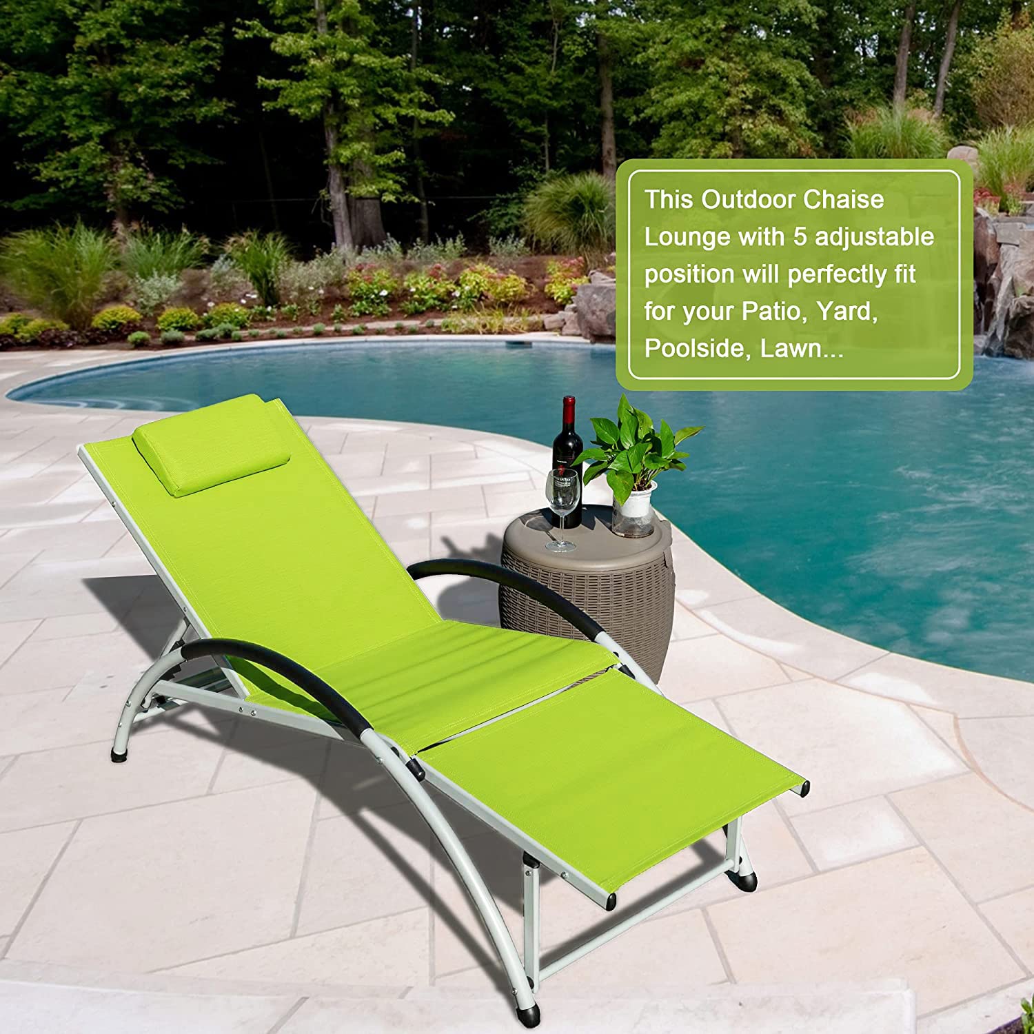 Sundale Outdoor Adjustable Patio Chaise Lounge Set of 2 - 6-Position Reclining Chairs for All-Weather Indoor/Outdoor Use - Perfect for Reading, Meditation, Sleeping & Exercising - Green Patio Furniture for Backyard, Poolside & Garden Relaxation