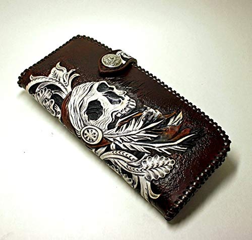 Handcrafted 3D Genuine Leather Biker Wallet for Men - Sheridan Style Skull Design with Hand-Carved & Hand-Painted Details | Custom Personalized Long Leather Wallet for Motorcycle Enthusiasts & Gift Giving