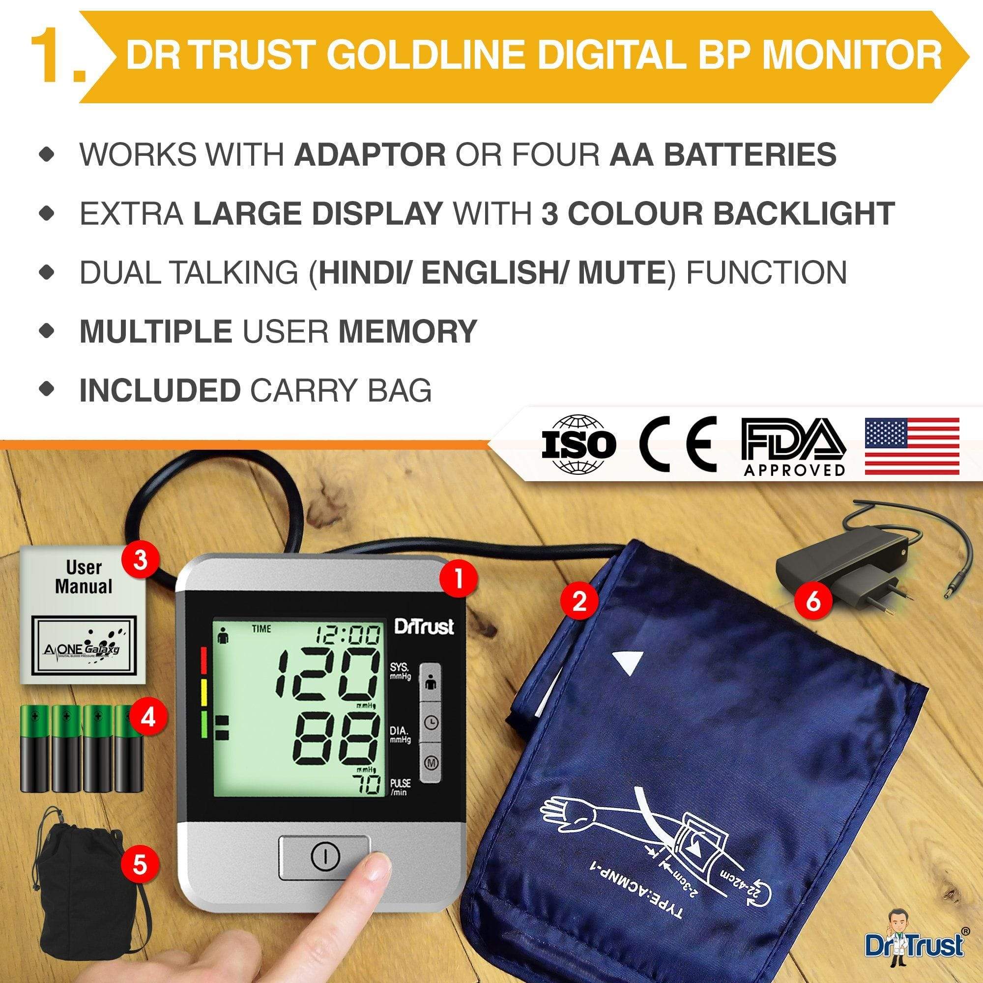 Dr Trust USA Goldline Digital Blood Pressure Monitor 103 + Blood Glucose Meter 9001 with 10 Test Strips | Home Health Monitoring Kit for Diabetes & Hypertension Care