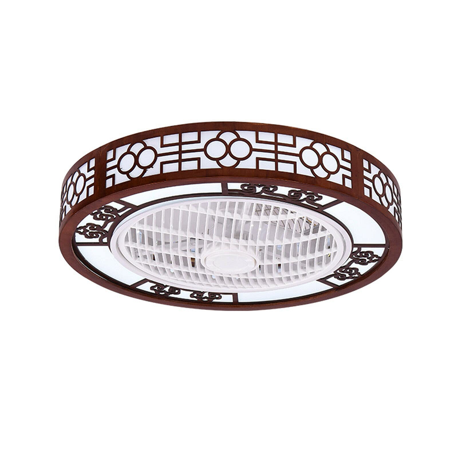 Vintage Solid Wood Ceiling Fan with LED Light - Remote Control, Stepless Dimming, Built-In Invisible Blades for Safe & Stable Airflow - Perfect for Bedroom, Living Room, and Indoor Spaces (Round Style B)