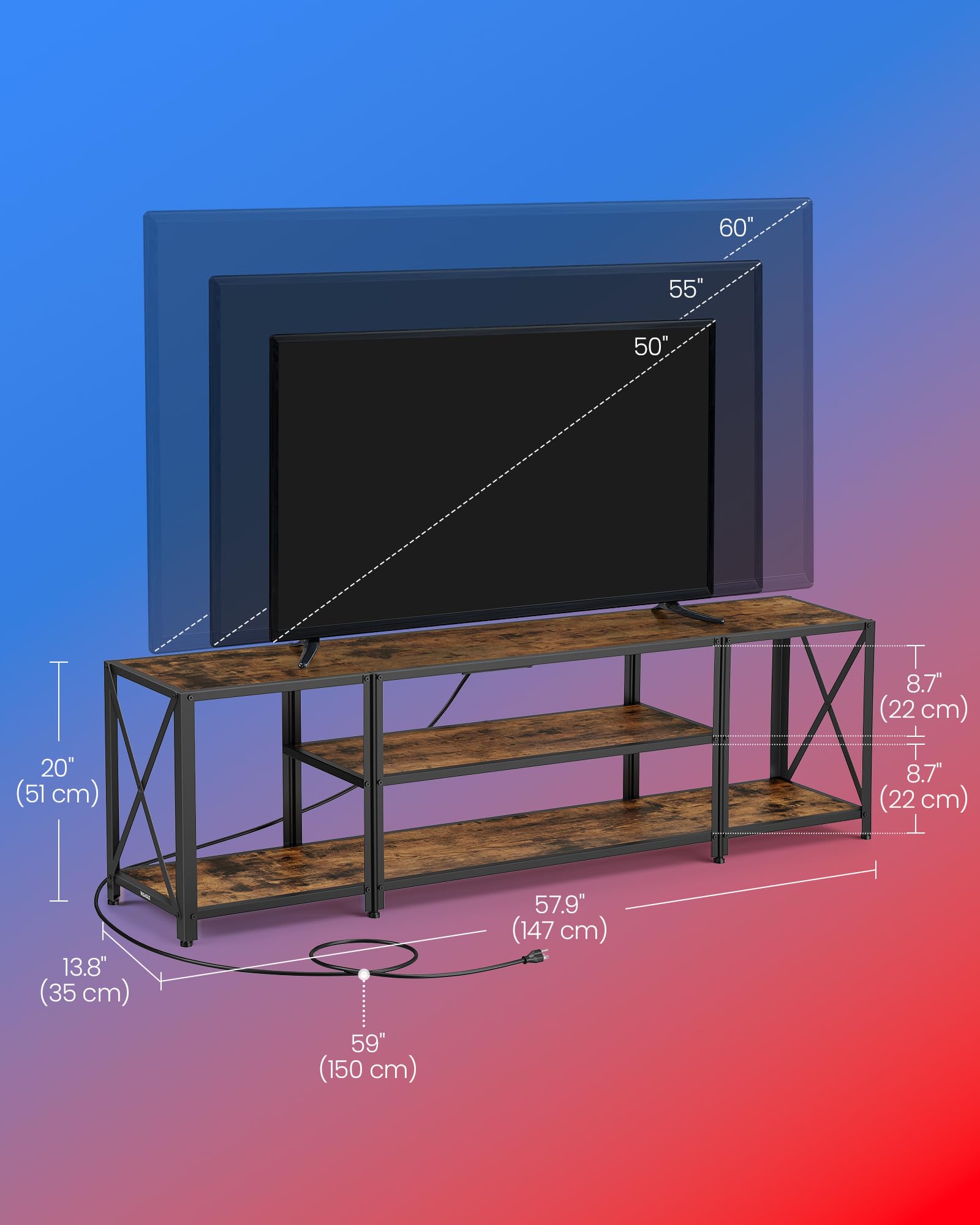VASAGLE 60 Inch TV Stand with Power Outlets & LED Lights, Rustic Brown Entertainment Center with Open Shelves - Modern TV Console Table for Living Room, Bedroom, Home Theater - ULTV121K01