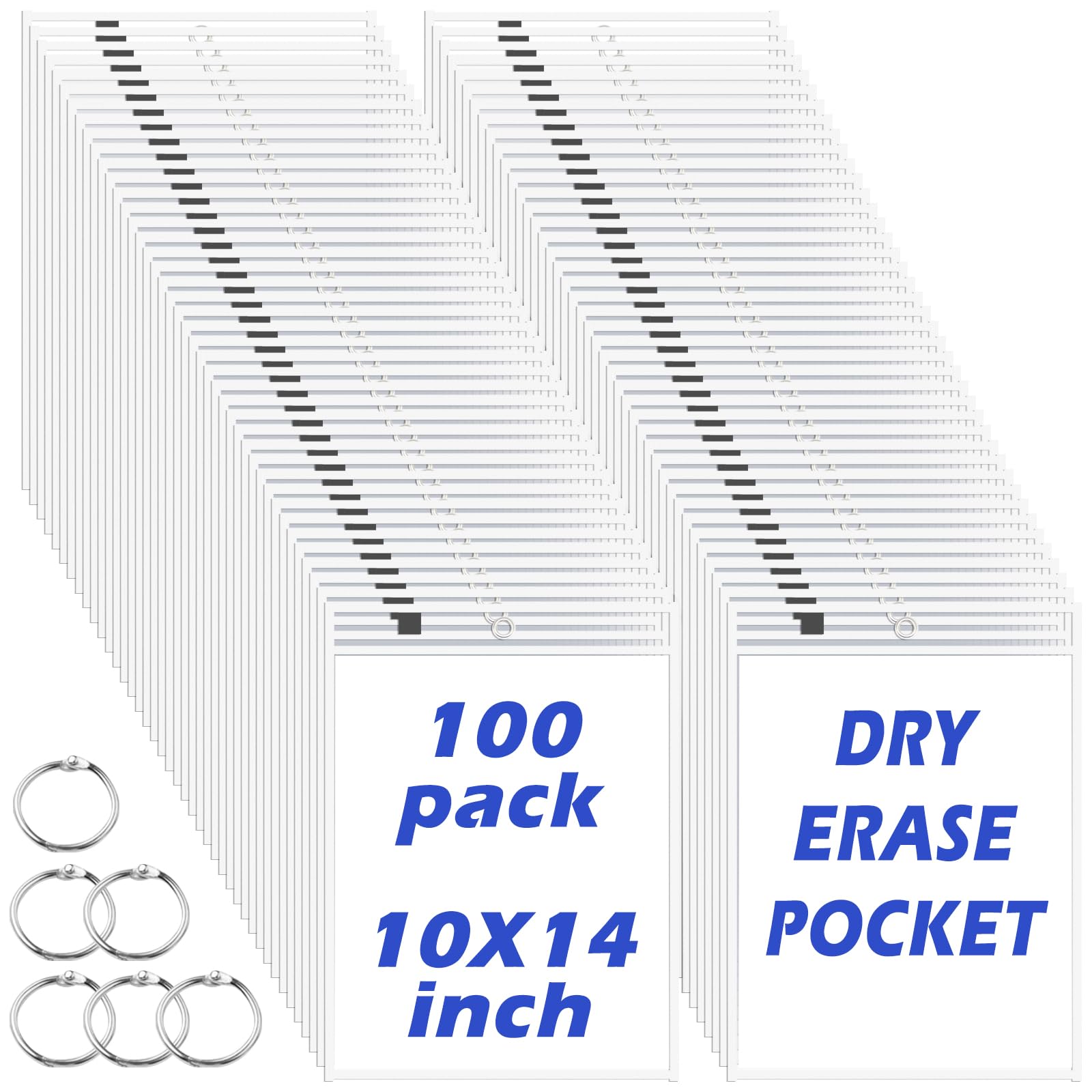 100 Pack Dry-Erase Pockets - 10x14 Inch Oversized Reusable White Sleeves with 6 Rings | Clear Plastic Sheet Protectors for Teachers, Classrooms, Offices & Home Organization | Perfect for Lesson Plans, Worksheets, Schedules & Ticket Holders