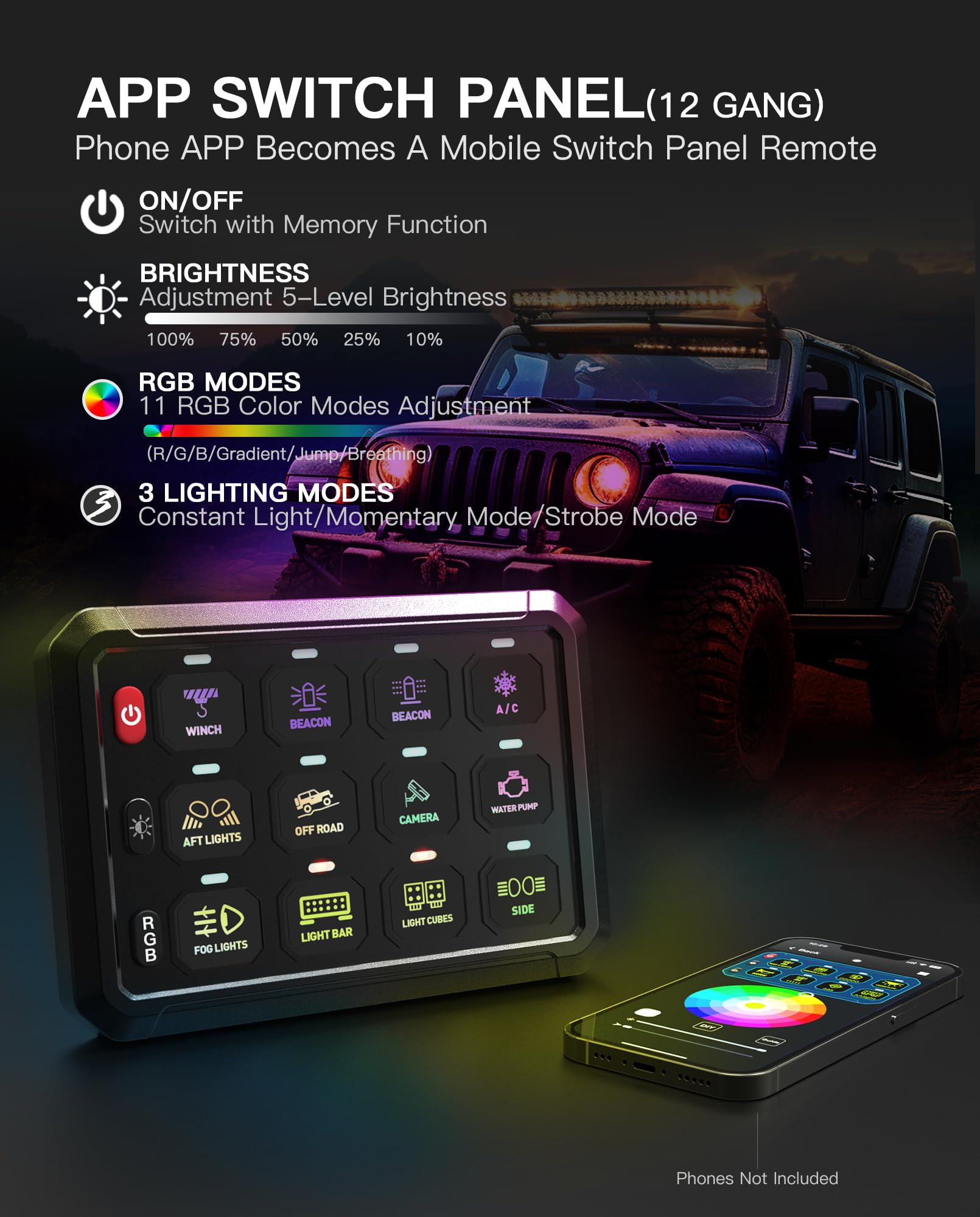 12V/24V RGB 12 Gang Switch Panel - Waterproof Marine & Offroad Light Control Box with Wireless Phone App for Car, Truck, Jeep, SUV, Boat | Multi-Function Auxiliary LED Switch Pod for Off-Roading, Boating & Marine Applications