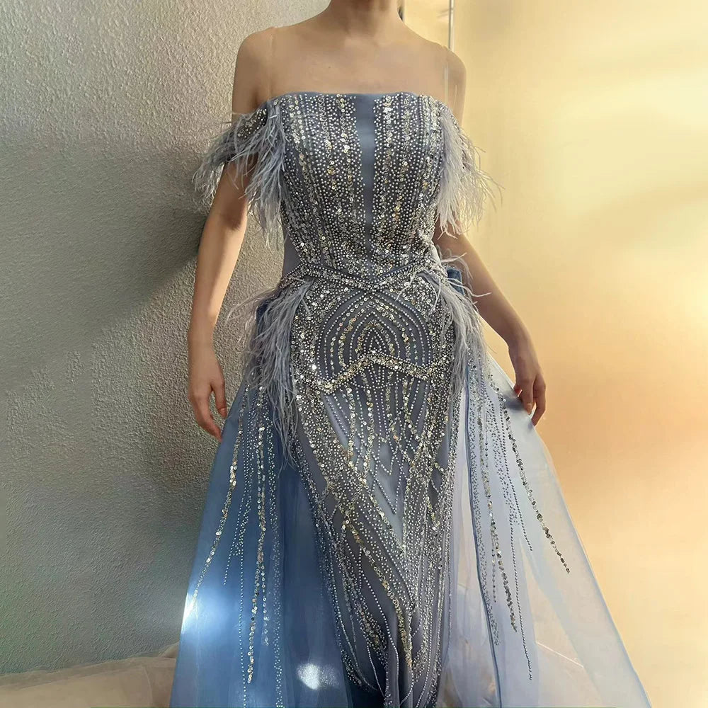 Luxury Dubai Blue Mermaid Gown with Feathers & Beads - Saudi Arabian Evening Dress with Overlay Skirt for Formal Events, Weddings, Galas & Red Carpet Occasions LA72727
