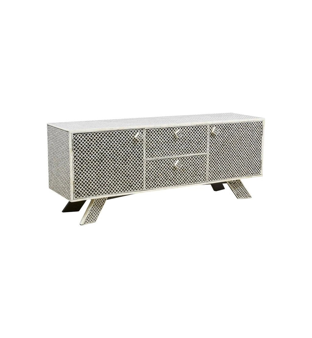 Handmade Bone Inlay Media Console TV Stand - Black Fish Scale Design Wooden Entertainment Center for Living Room, Bedroom & Home Theater