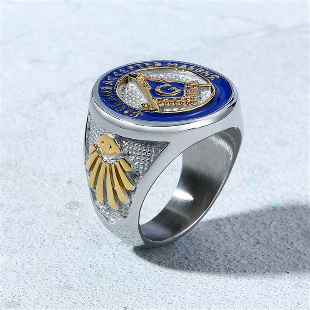 Men's Freemason Symbol Masonic Ring - Stainless Steel Signet Ring in Silver, Gold & Blue - Free and Accepted Masons Jewelry for Brotherhood & Formal Occasions