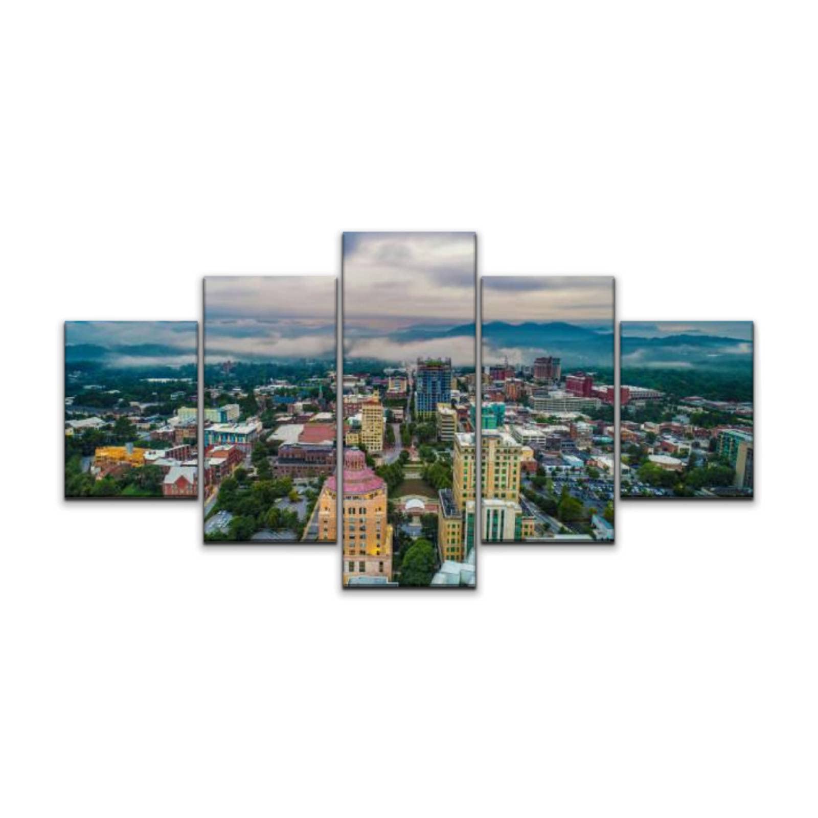 5-Panel Canvas Wall Art - Aerial Drone View of Downtown Asheville North Carolina Skyline | Stretched & Framed Modern Painting | Home & Office Decor | Perfect for Living Room, Bedroom or Office Spaces