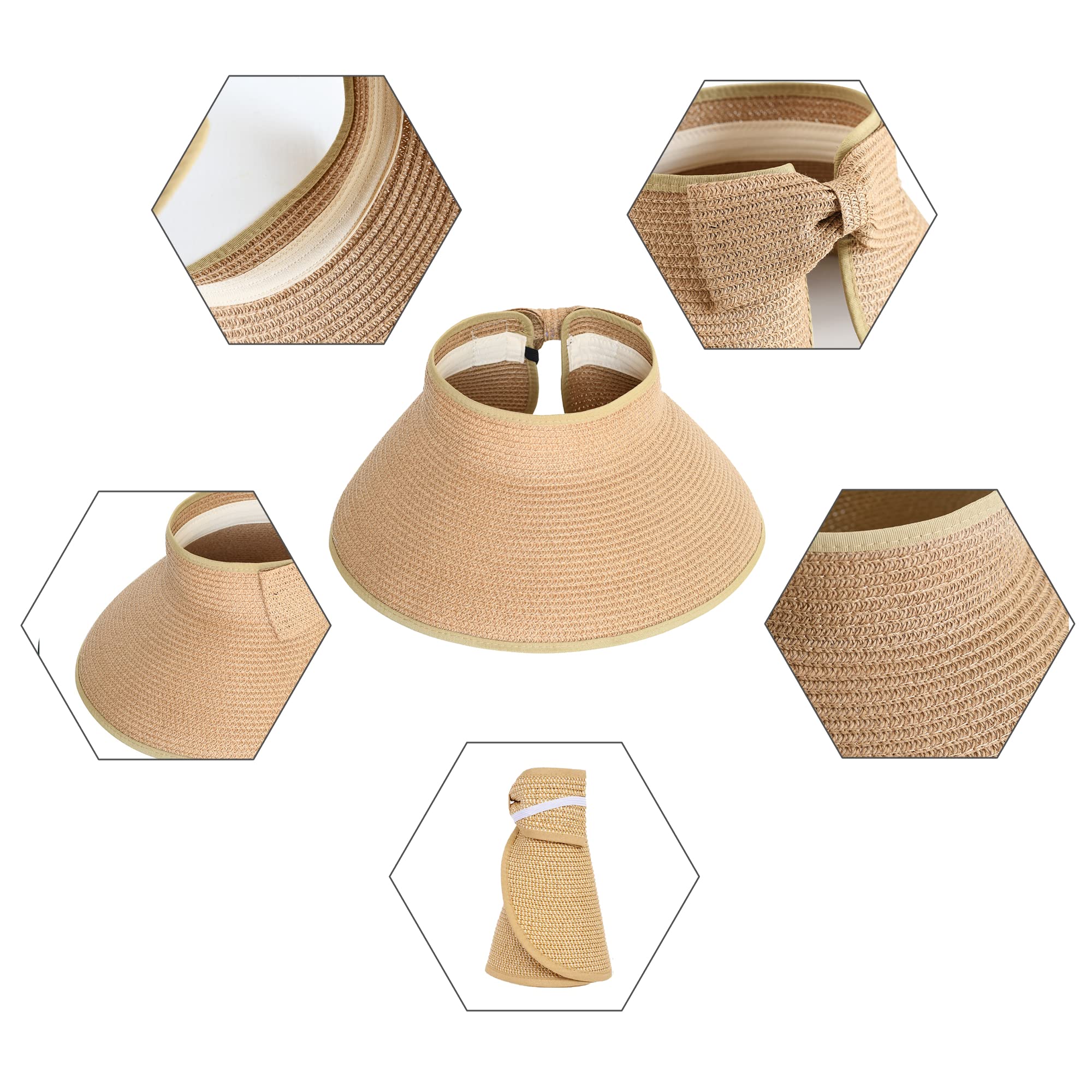 Women's Straw Sun Visor Hat - UV Protection Wide Brim Beach Hat for Summer Outdoor Activities, Gardening, Travel and Vacation
