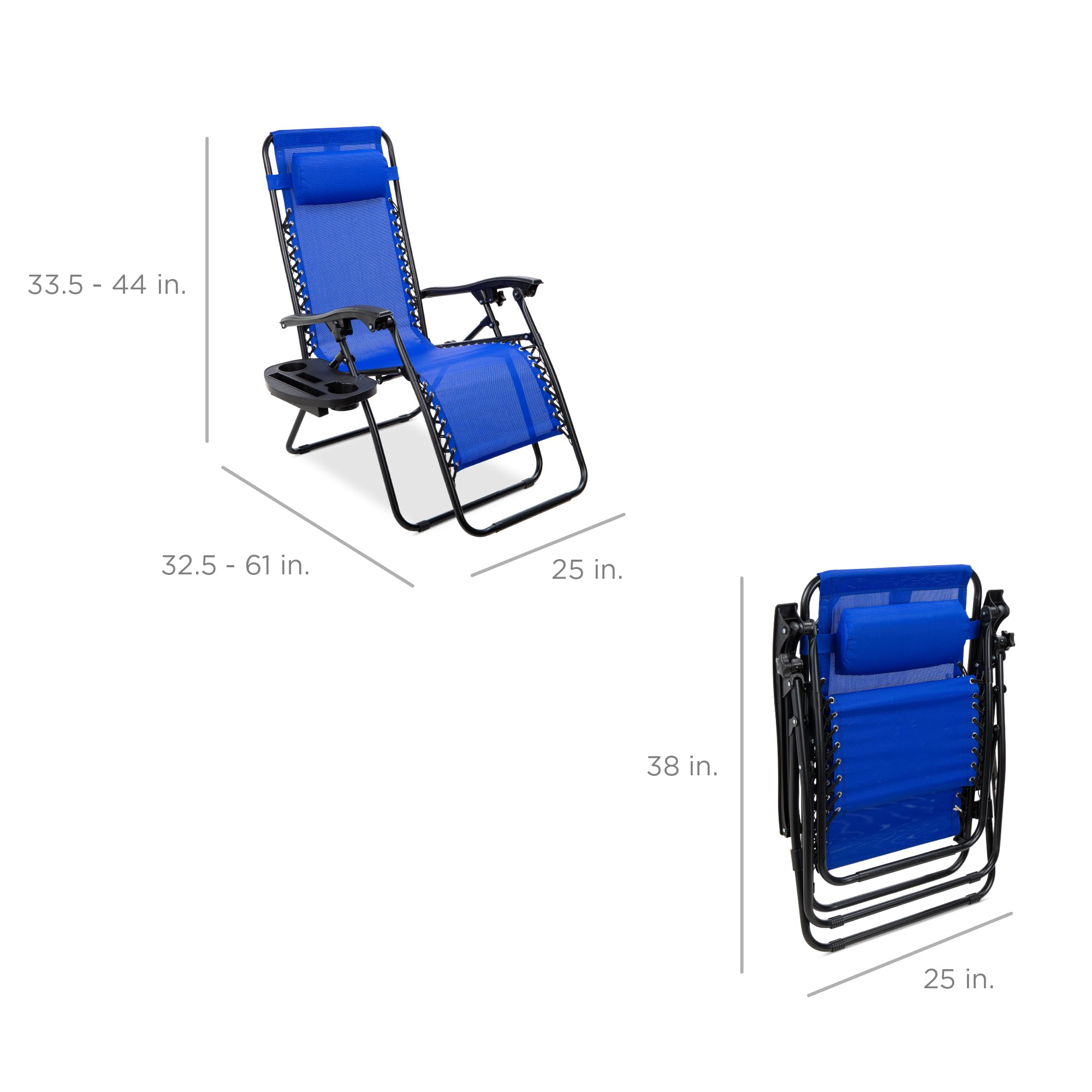 Best Choice Products Set of 2 Adjustable Steel Mesh Zero Gravity Lounge Chair Recliners with Pillows and Cup Holder Trays - Cobalt Blue | Patio, Poolside, Backyard Relaxation Outdoor Furniture