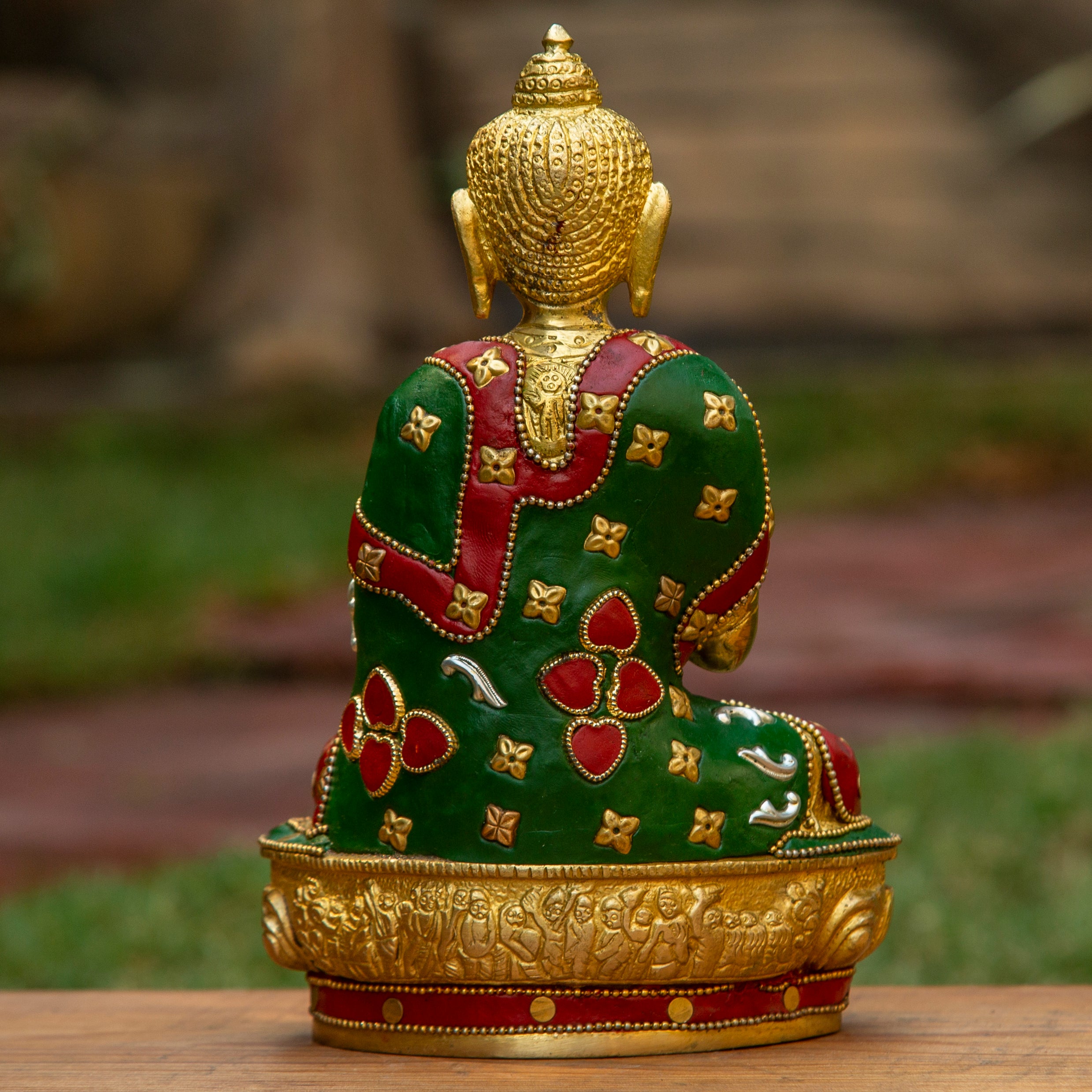 Vairocana Buddha Statue - Pure Bronze Handcrafted Sculpture with Coral & Aventurine Stone Inlay | Buddhist Altar Decor, Meditation Room Centerpiece, Spiritual Gift for Home & Temple