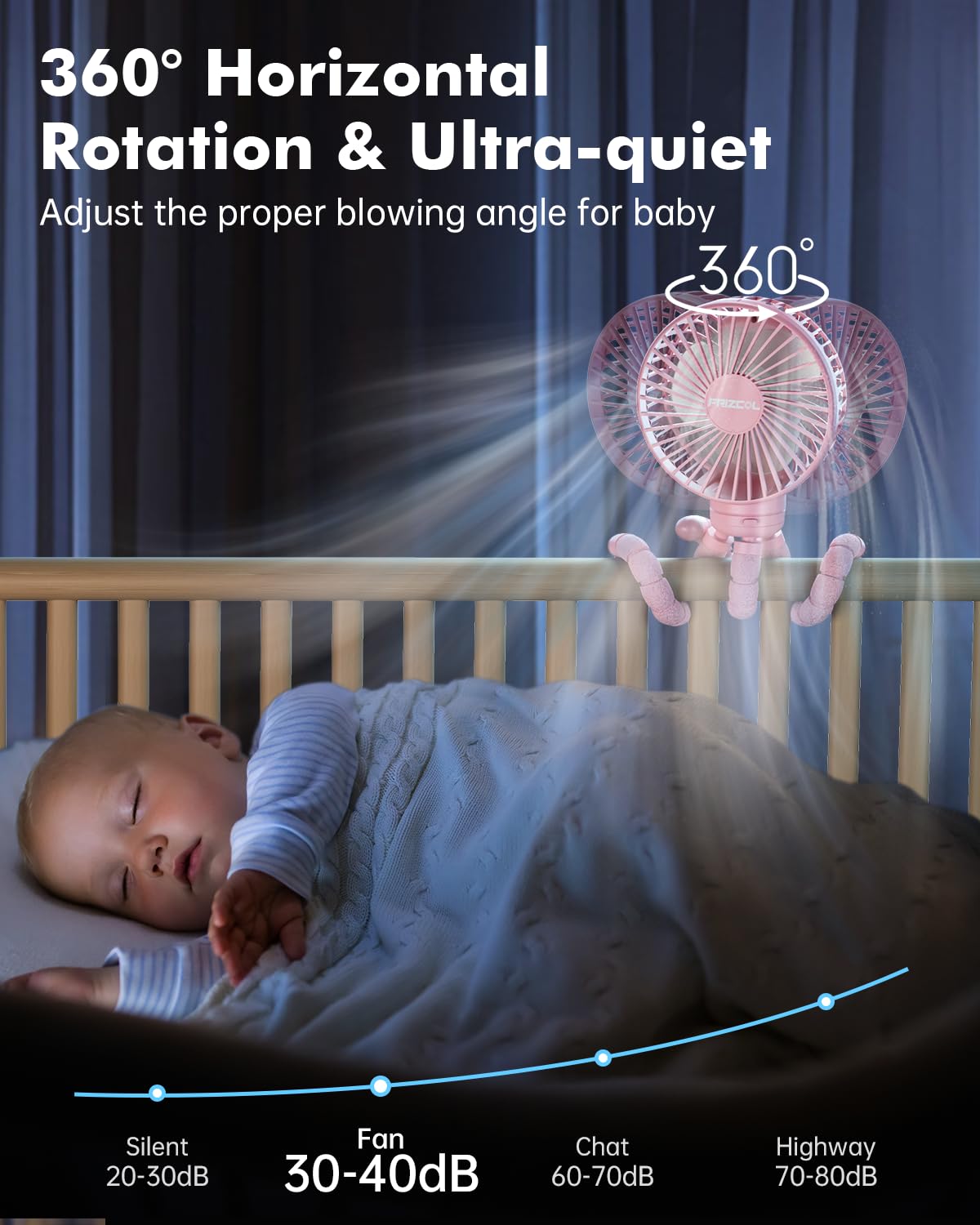 FRIZCOL Rechargeable Stroller Fan for Baby - Portable Clip On Fan with 24H Battery Life - Handheld, Car Seat, Desk & Camping Cooling Fan (Pink) | Perfect for Outdoor Activities, Nursery & Travel Use