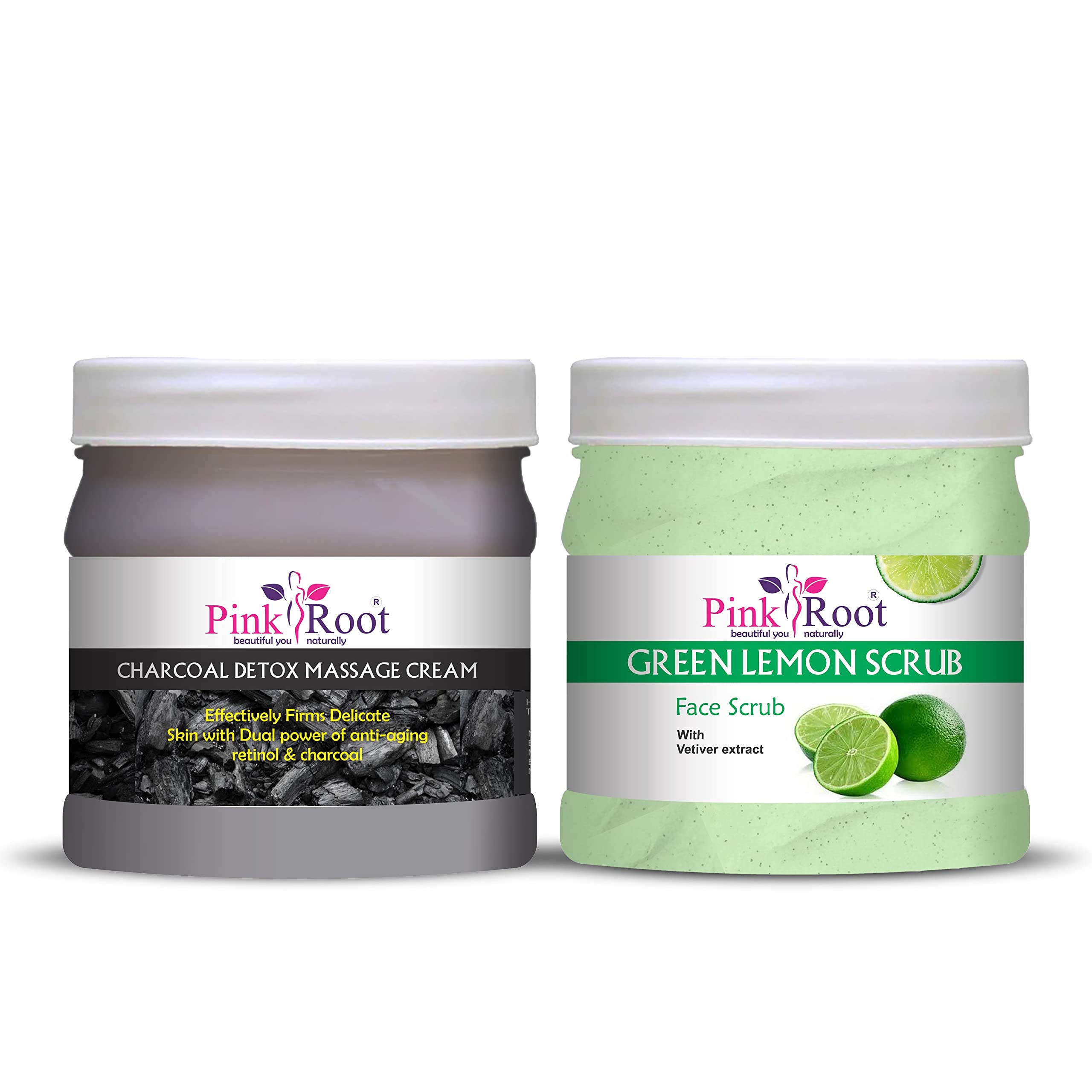 Pink Root Charcoal Cream & Green Lemon Scrub Set - 500gm Each for Skin Detox & Exfoliation | Natural Skincare for Acne, Blackheads & Glowing Complexion | Perfect for Daily Face Care Routine