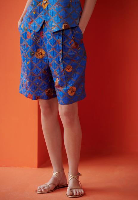 Luxury Silk Brocade Long Shorts for Women - Cobalt Blue High Waist Palazzo Pants - Perfect for Summer, Beach Vacations & Boho Fashion