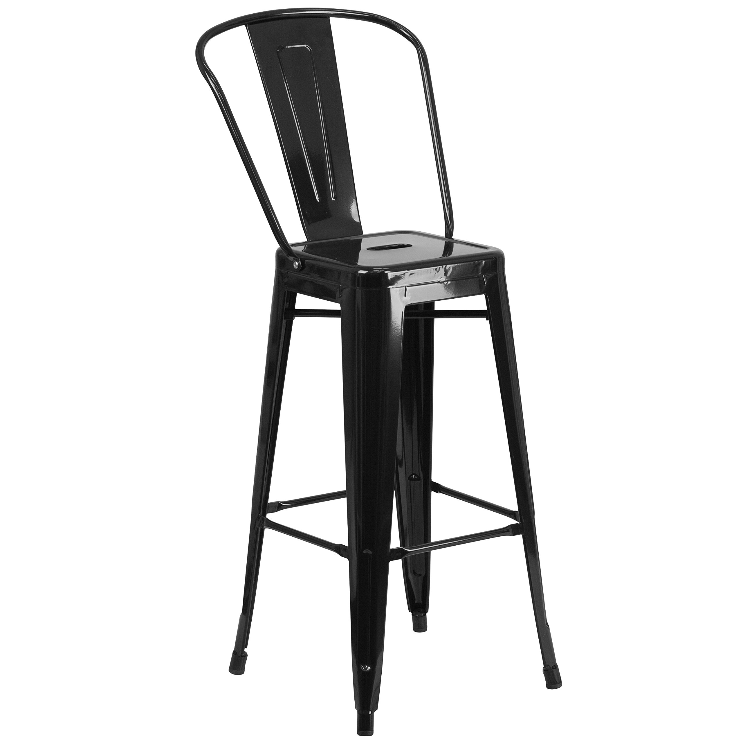 EMMA + OLIVER 30 Inch Black Metal Bar Stool with Back - Heavy Duty Commercial Grade Indoor Outdoor Counter Height Stool for Kitchen Island, Bar, Restaurant & Patio Use