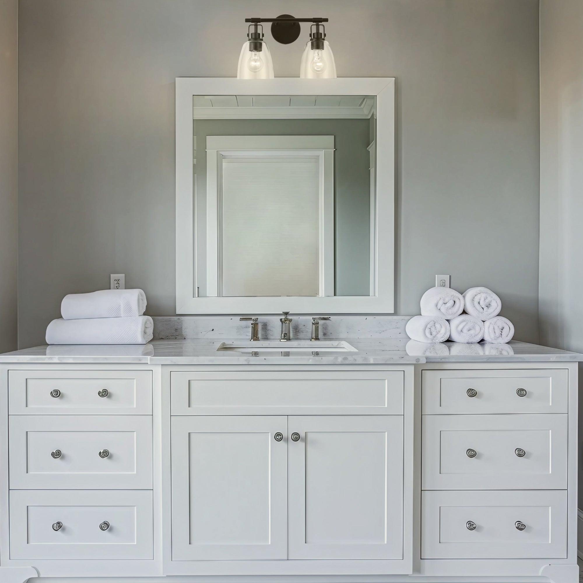 Modern Farmhouse 2-Light Vanity Light - Brushed Nickel Bathroom Sconce with Clear Glass Shades - Perfect for Bathroom, Powder Room, and Dressing Area Lighting