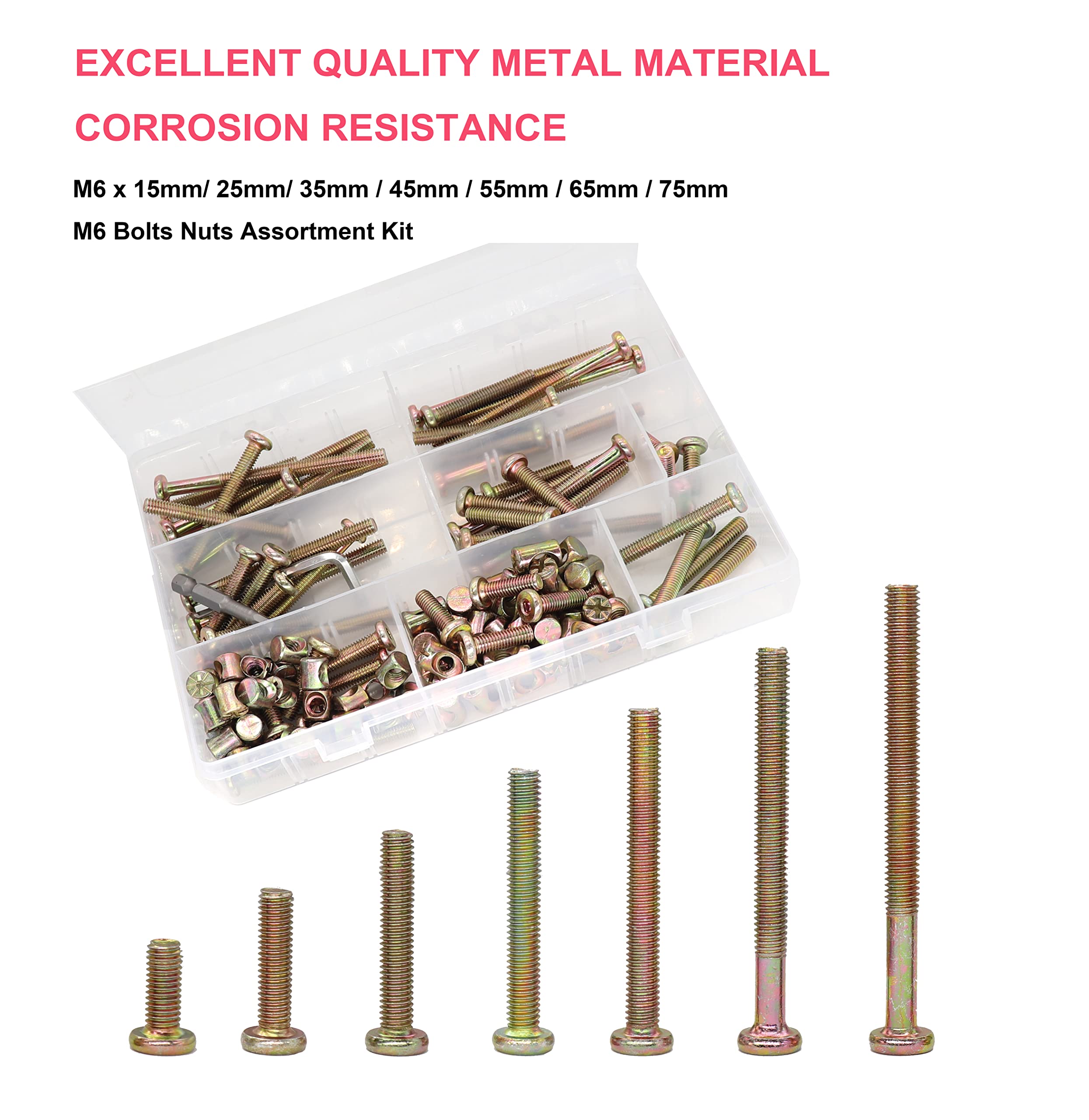 M6 Baby Crib Screws Kit - 100pcs Zinc Plated (15-75mm) for Bed Hardware Replacement