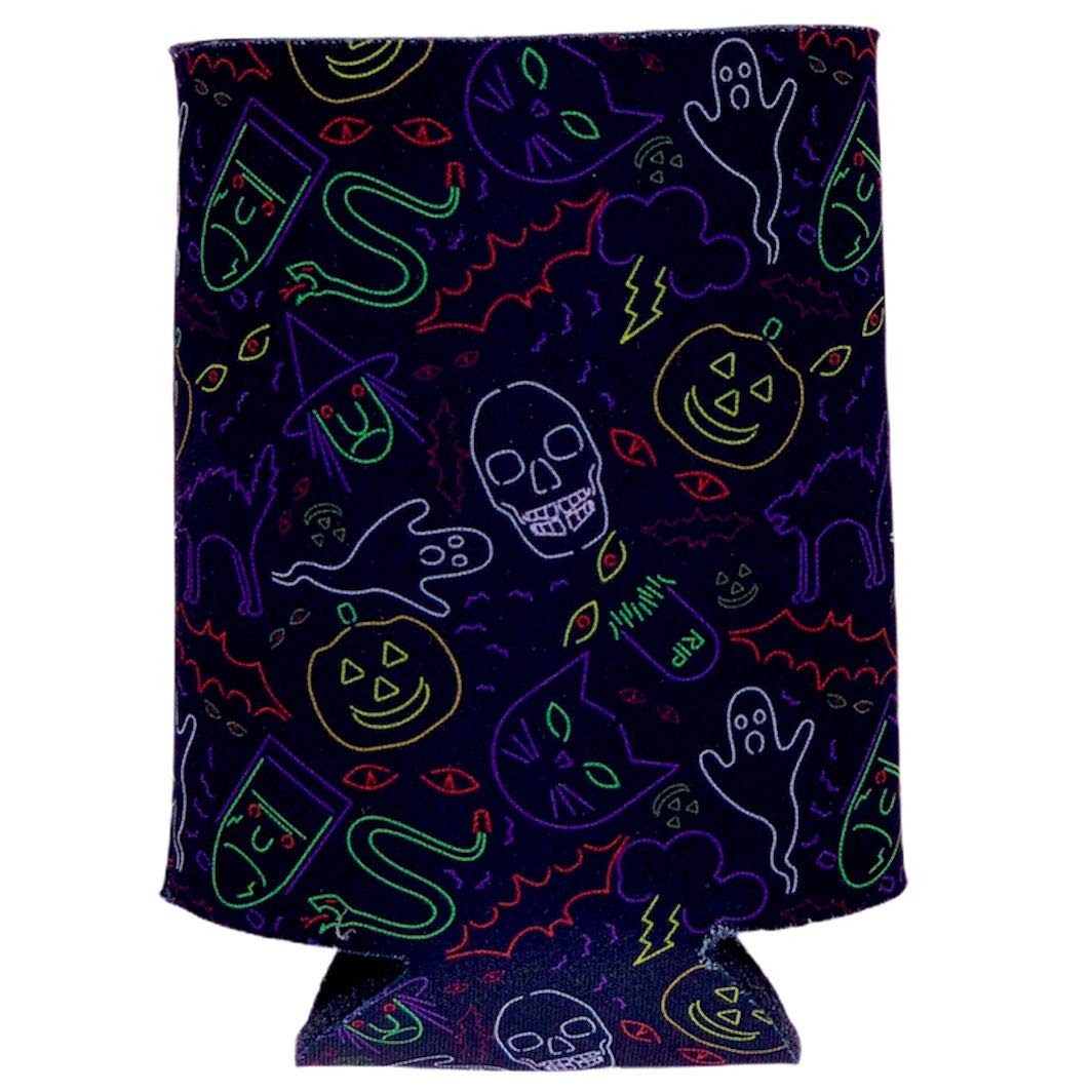 Halloween Neon Pattern Collapsible Can Cooler - Insulated Beer Sleeve for Halloween Parties, Tailgating & Outdoor Events (1 Pack)