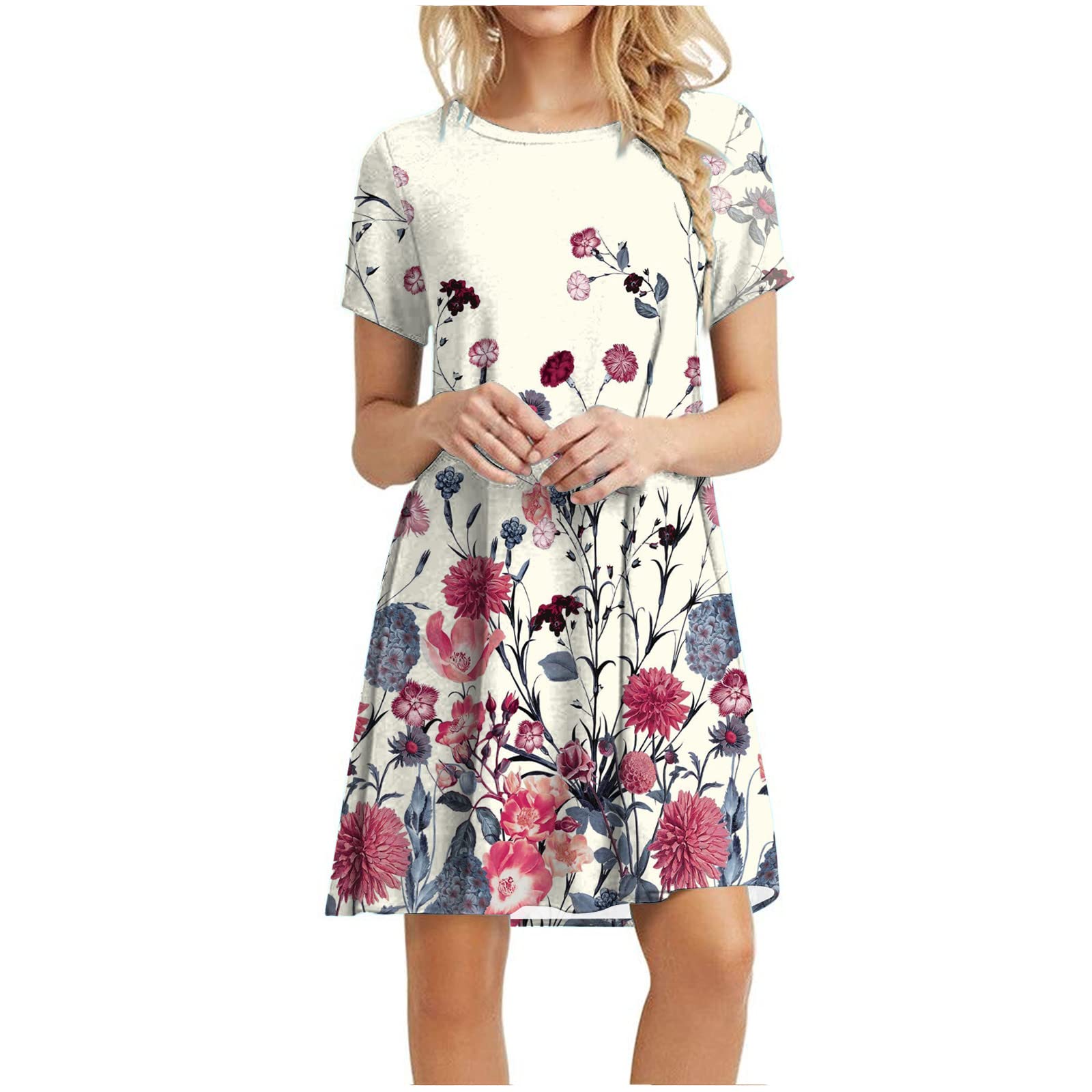 Guzom Women's Summer Short Sleeve Casual Dress - Floral Boho Printed Crew Neck T-Shirt Dress for Beach, Vacation & Everyday Wear