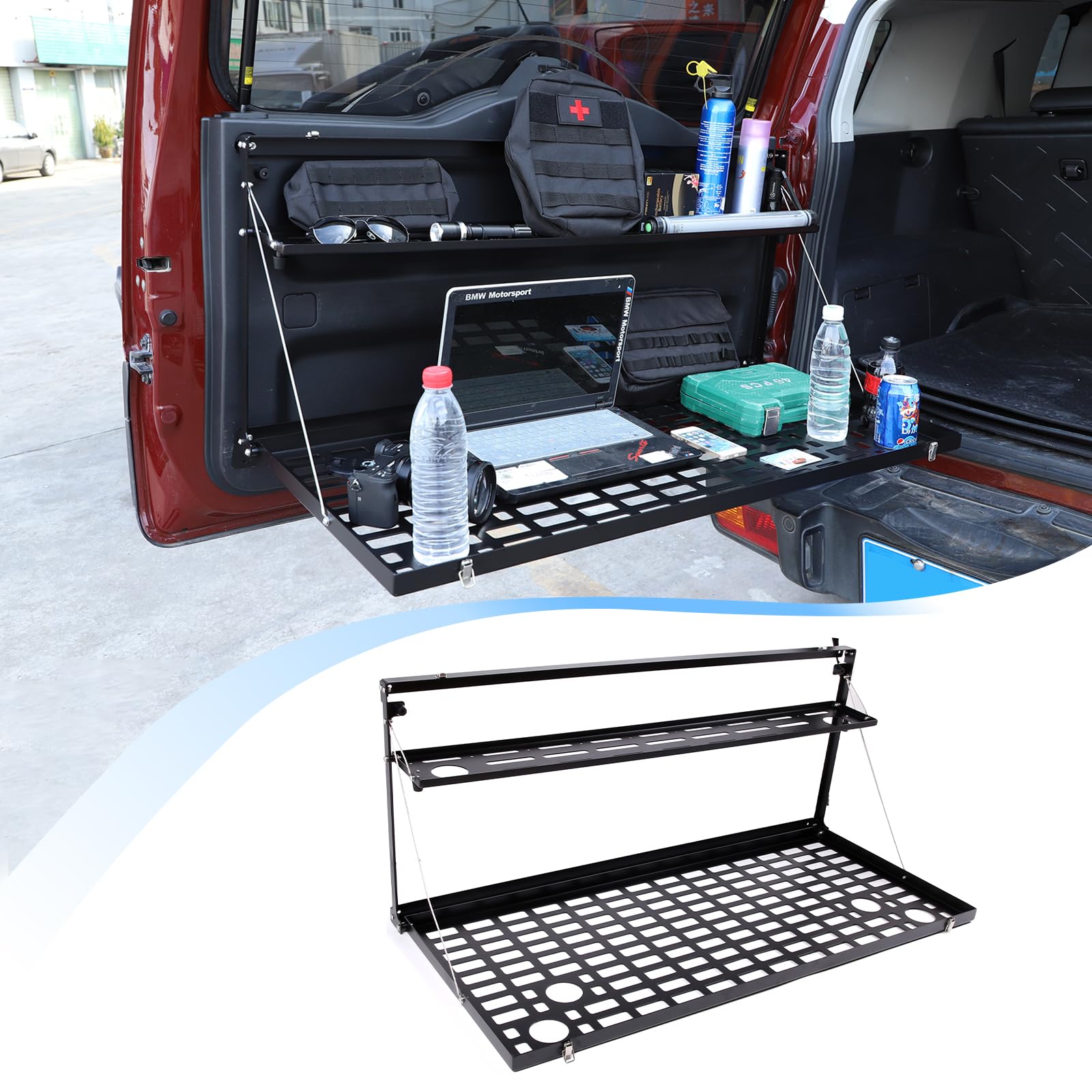 Foldable Alloy Car Trunk Storage Table & Organizer Rack for Toyota FJ Cruiser 2007-2021 - Rear Door Cargo Shelf & Multifunctional Tray - Perfect for Camping, Road Trips & Outdoor Adventures