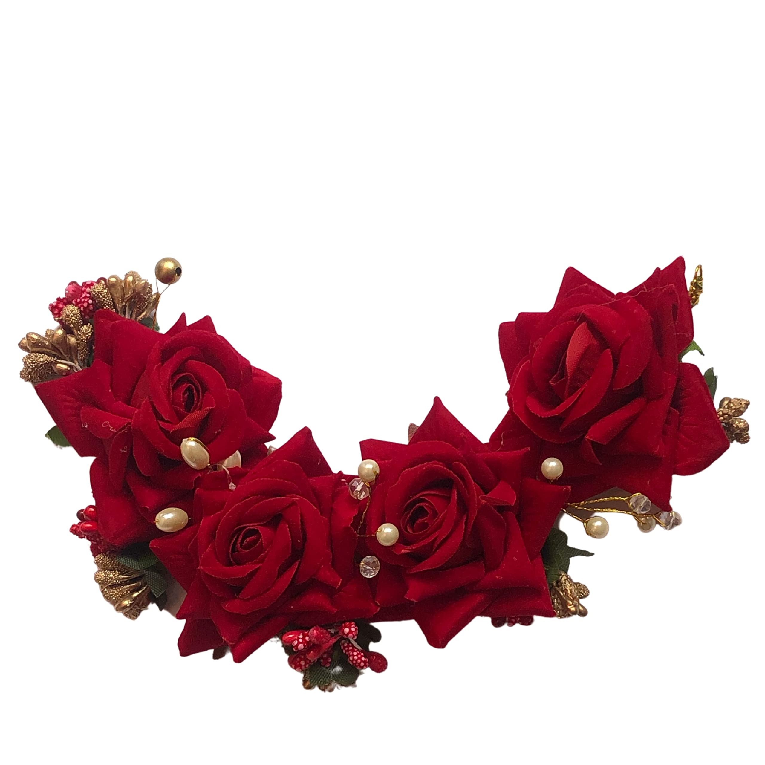 Handmade Pearl & Rose Flower Hair Bun | Bridal Hair Pin | Wedding & Bridesmaid Hair Jewelry | Artificial Gajra Veni Hair Accessory (Red) – Perfect for Weddings, Parties & Special Occasions