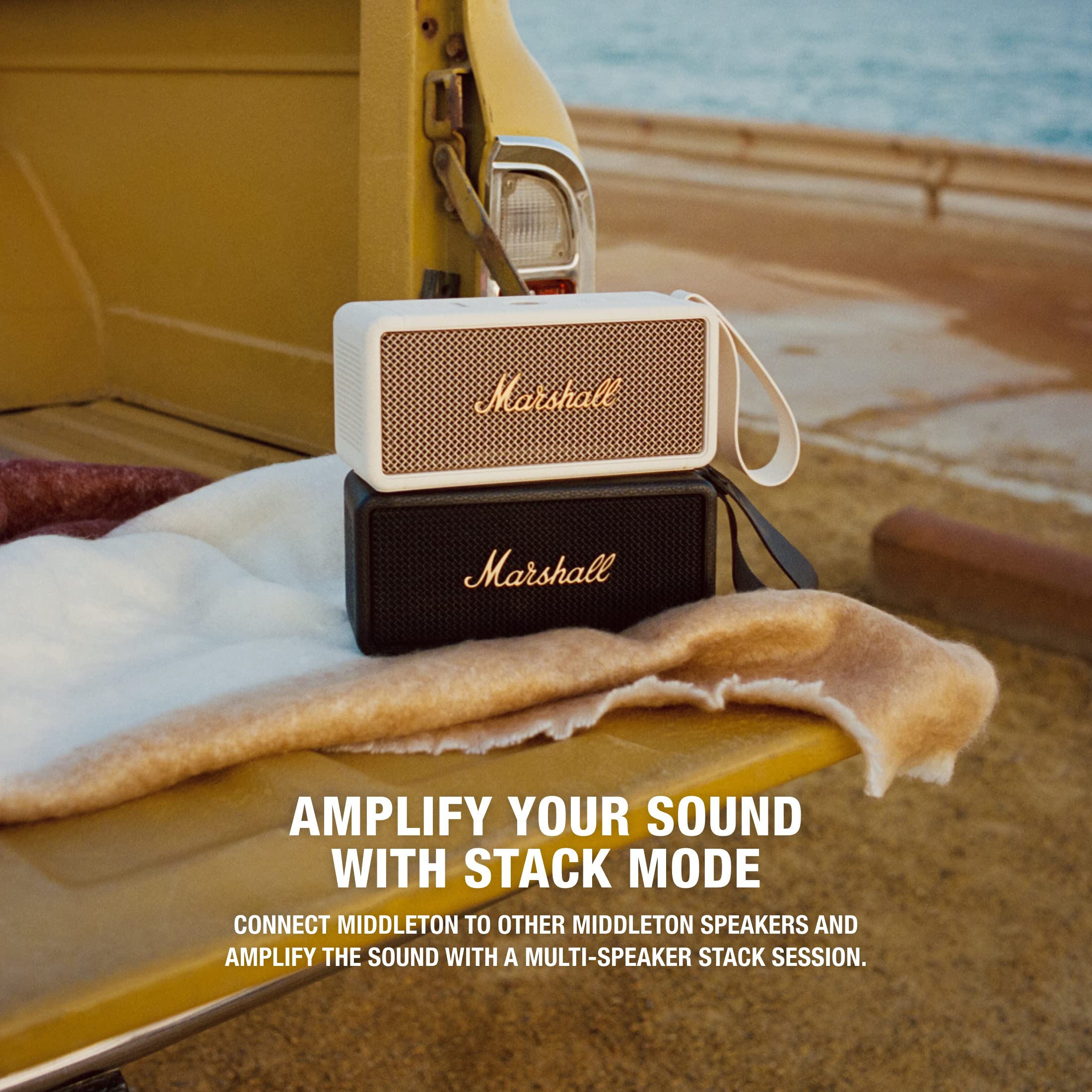 Marshall Middleton Portable Bluetooth Speaker - Wireless Outdoor Speaker with Rich Bass, IP67 Waterproof, 20+ Hours Playtime - Perfect for Travel, Camping, Beach & Home Use (Black & Brass)