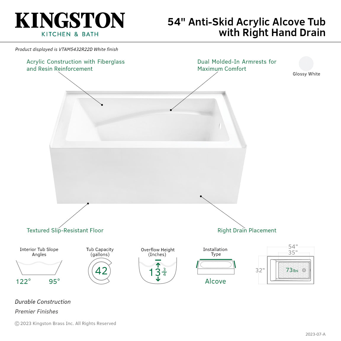 Aqua Eden 54 Inch Acrylic Rectangular 3 Wall Alcove Bathtub - Right Hand Drain, Anti-Skid Surface, Glossy White | Freestanding Soaking Tub for Modern Bathrooms, Spa-Like Relaxation at Home