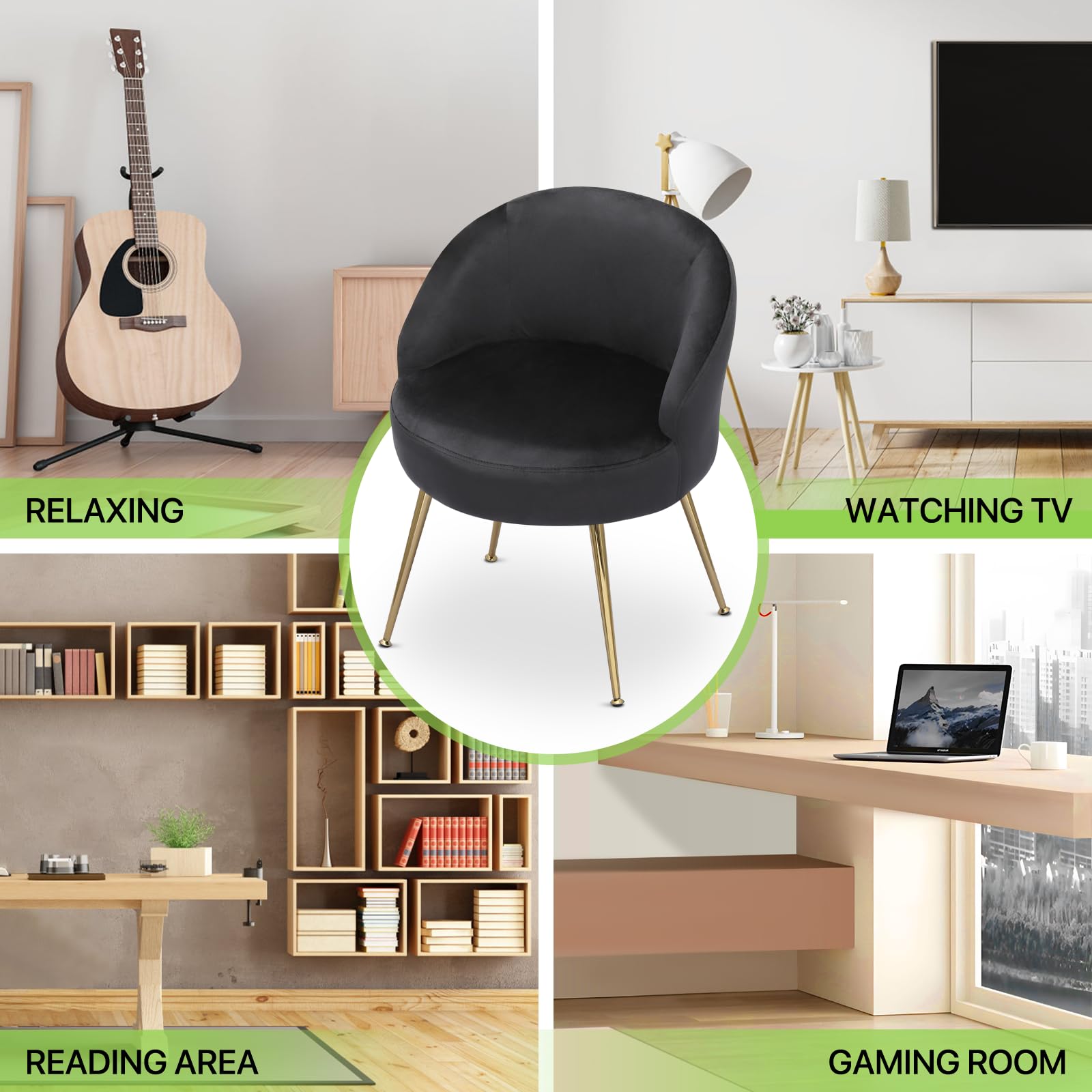Magshion Black Velvet Vanity Chair with Metal Legs - No Wheels, Back Support Accent Chair for Bedroom, Living Room & Makeup Area - Comfy Upholstered Seat for Girls & Women (Perfect for Dressing Table, Beauty Station & Home Decor)