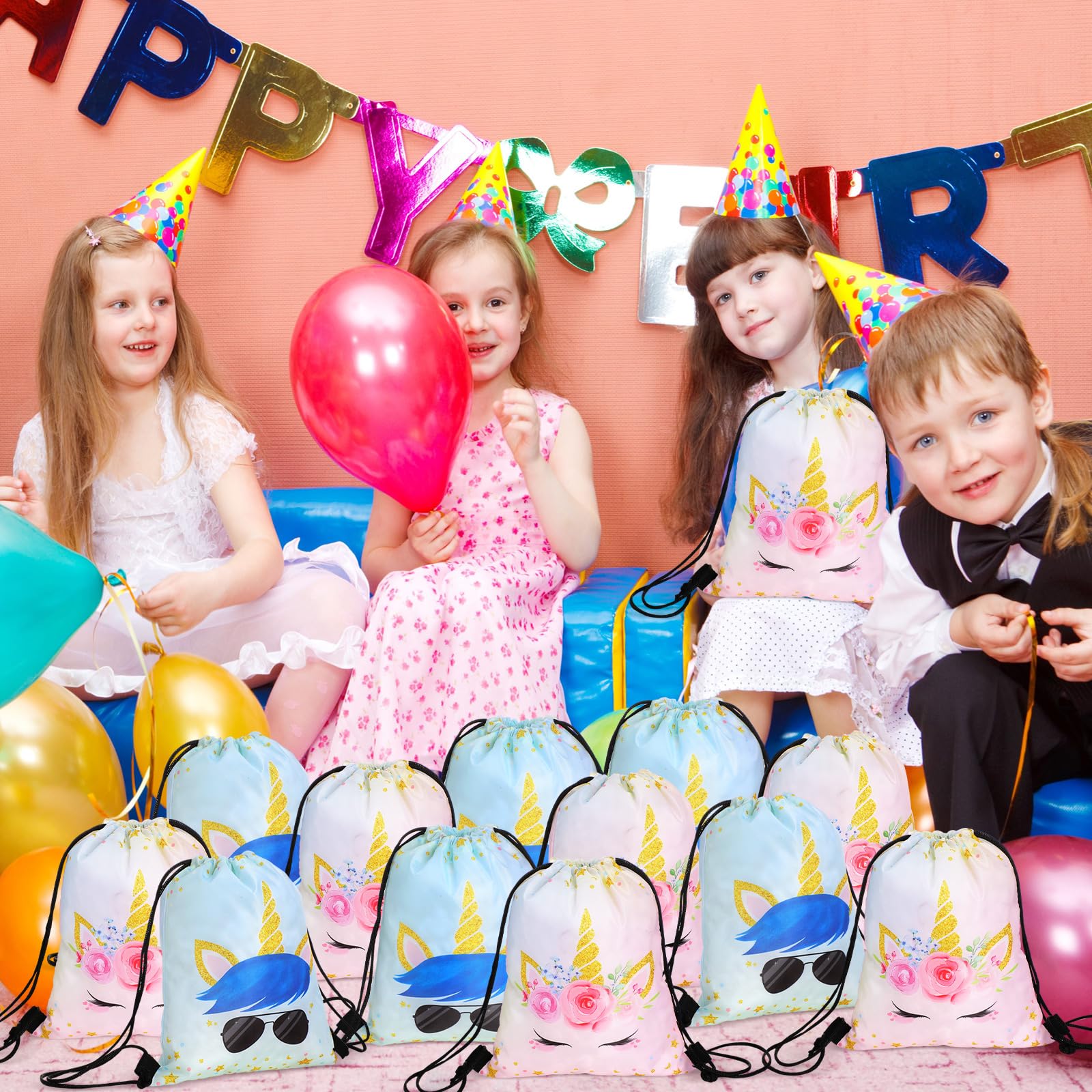 24 Pack Unicorn Drawstring Bags Bulk - 12x10 Inch Waterproof Party Favor Bags for Kids, Girls & Boys - Perfect for Birthday Parties, Beach Trips, Candy Treats & Goodie Bags (Unicorn Theme)