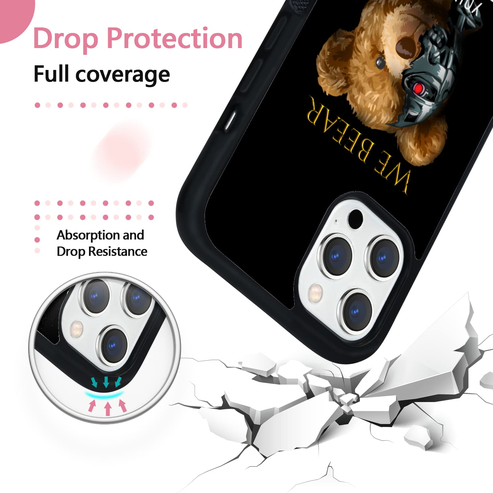 FANXI Shockproof Cute Bear Phone Case for iPhone 12 Pro Max 6.7 Inch - Protective Durable Cover for Men Boys Teens - Perfect for Daily Use, Travel & Outdoor Activities (Black)