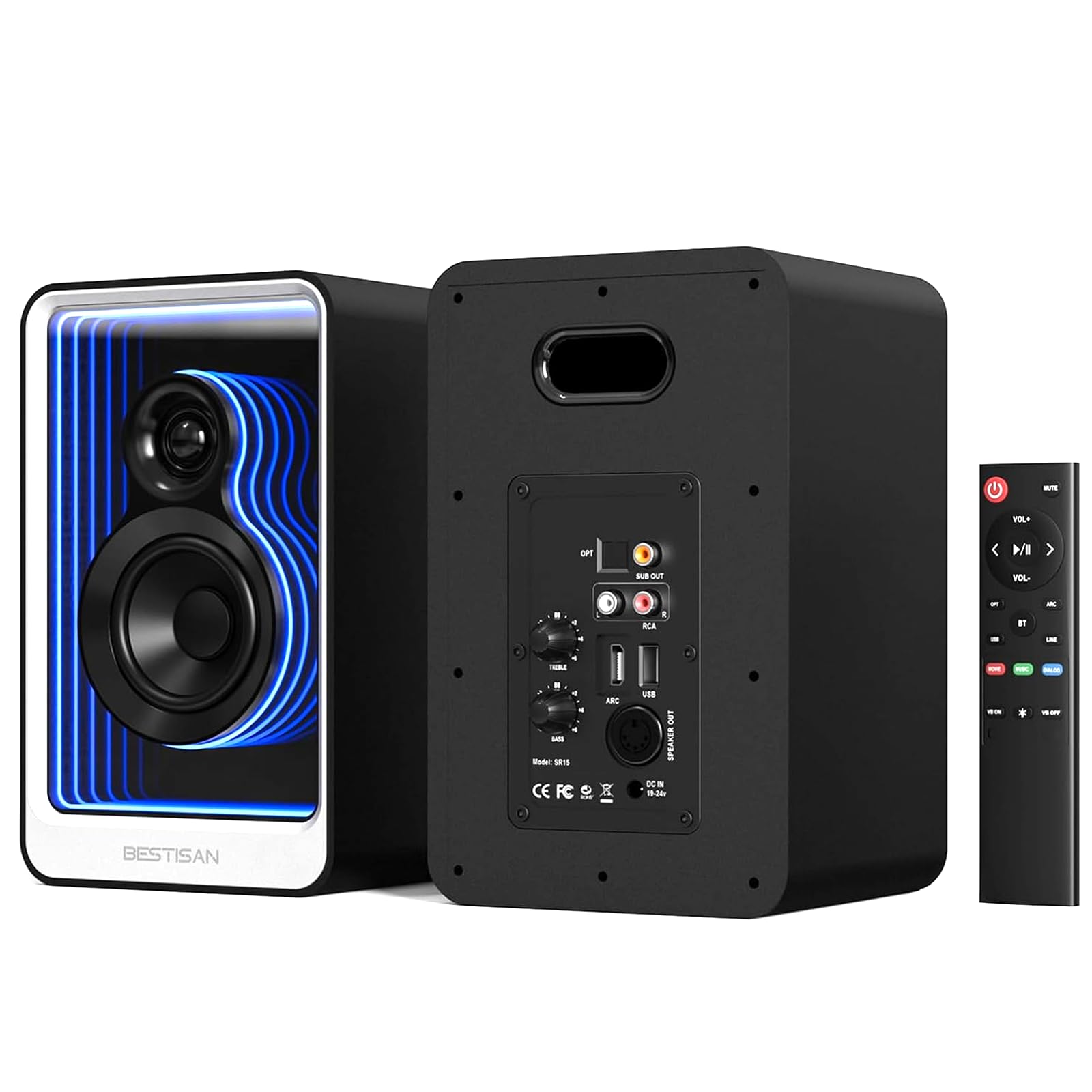 BESTISAN 80W Powered Bookshelf Speakers with LED Light Effects - Bluetooth Active Audio Speaker with ARC/Optical/RCA Inputs & Subwoofer Output for PC, TV, Record Player - Wooden Enclosure with Adjustable Bass - Perfect for Home Theater, Gaming & Music Listening