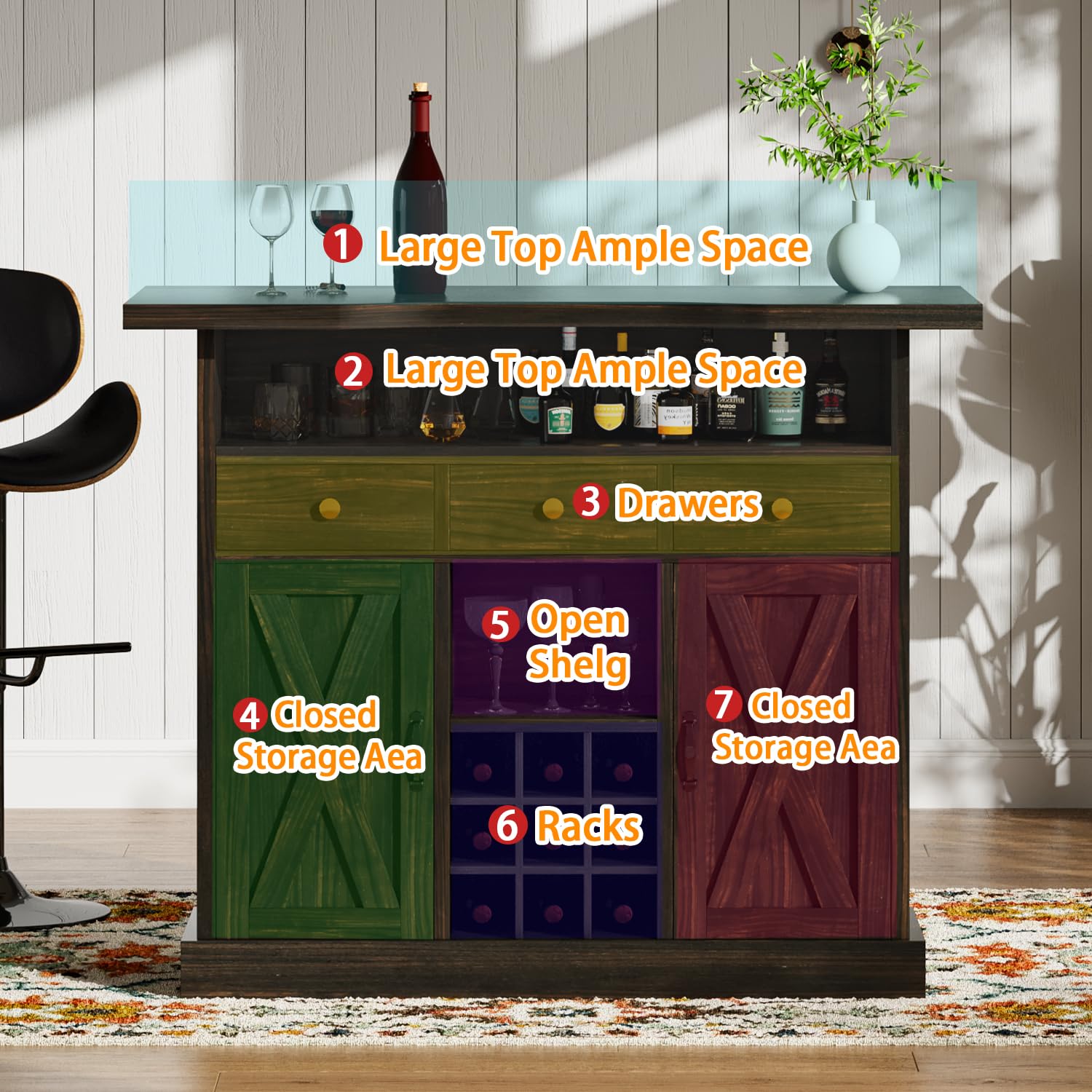 4-Tier Farmhouse Home Bar Cabinet with Wine Racks & Drawers - 52 Inch Rustic Liquor Storage Unit with Barn Door & Footrest - Perfect for Home Bars, Dining Rooms & Entertaining Spaces (Dark Oak)