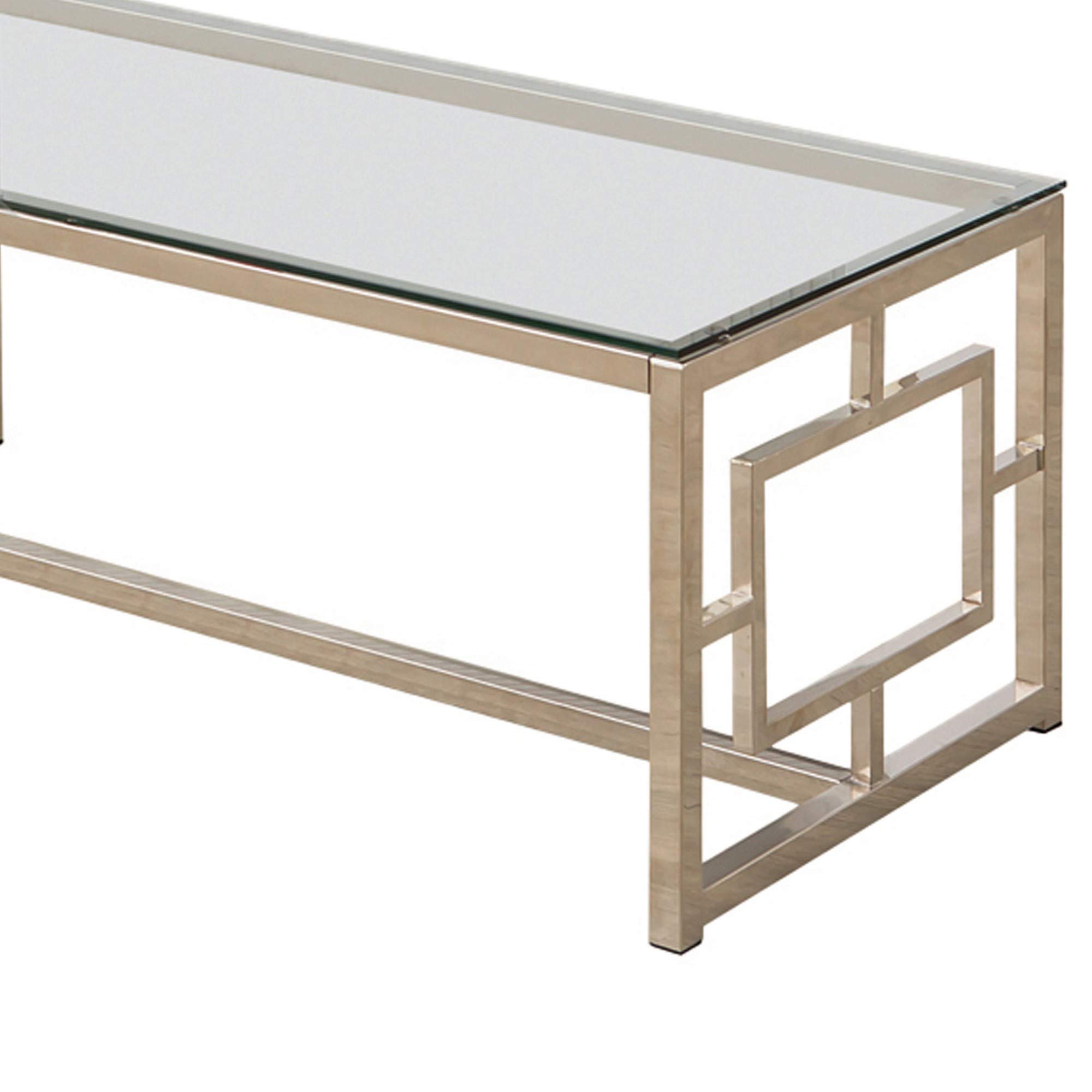 Benjara Silver & Clear Tempered Glass Coffee Table with Lattice Cut-Outs - Modern Living Room Furniture for Home & Office Decor