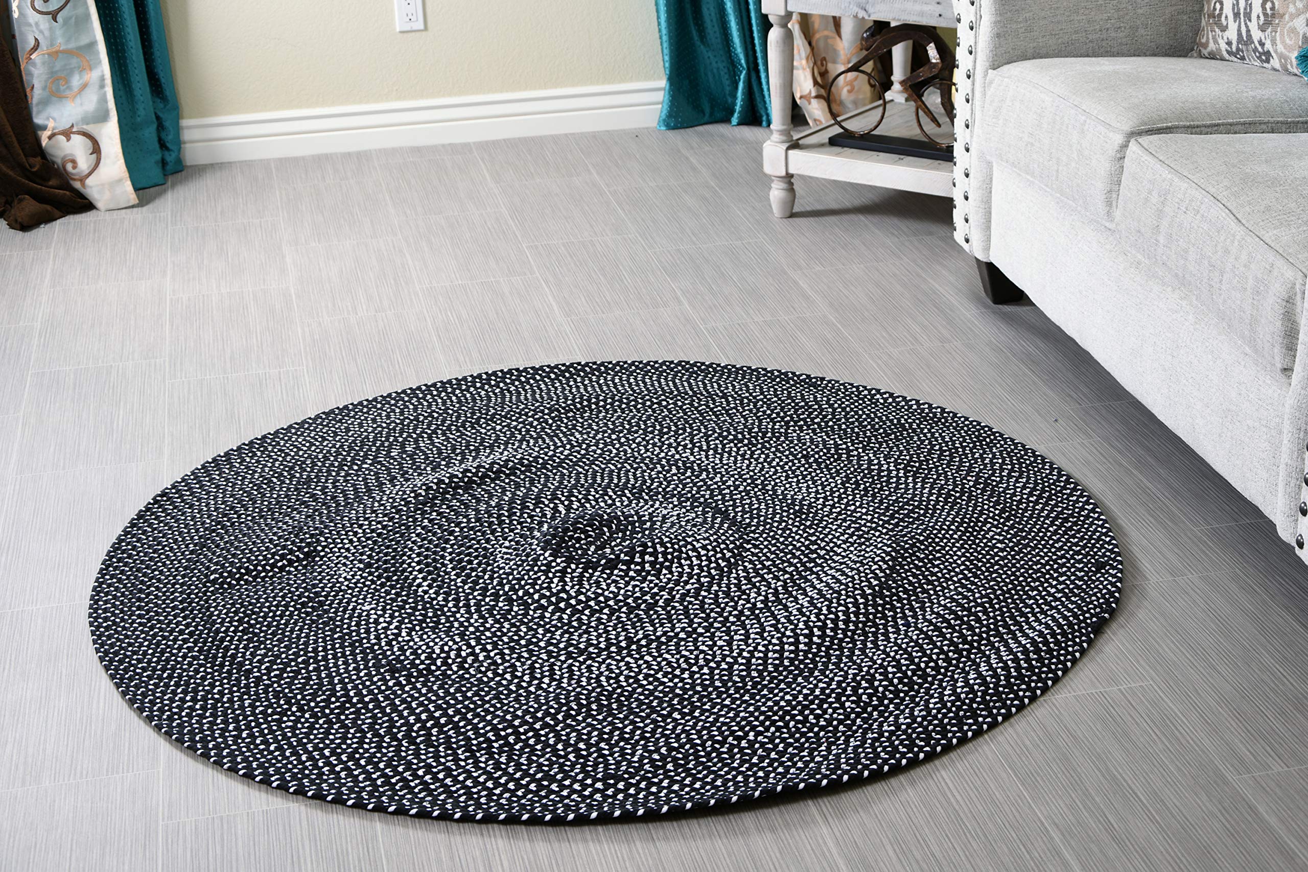 5 ft Round Black & White Braided Cotton Chindi Area Rug - Non-Slip Reversible Handwoven for Living Room, Bedroom, Dining Room - MystiqueDecors