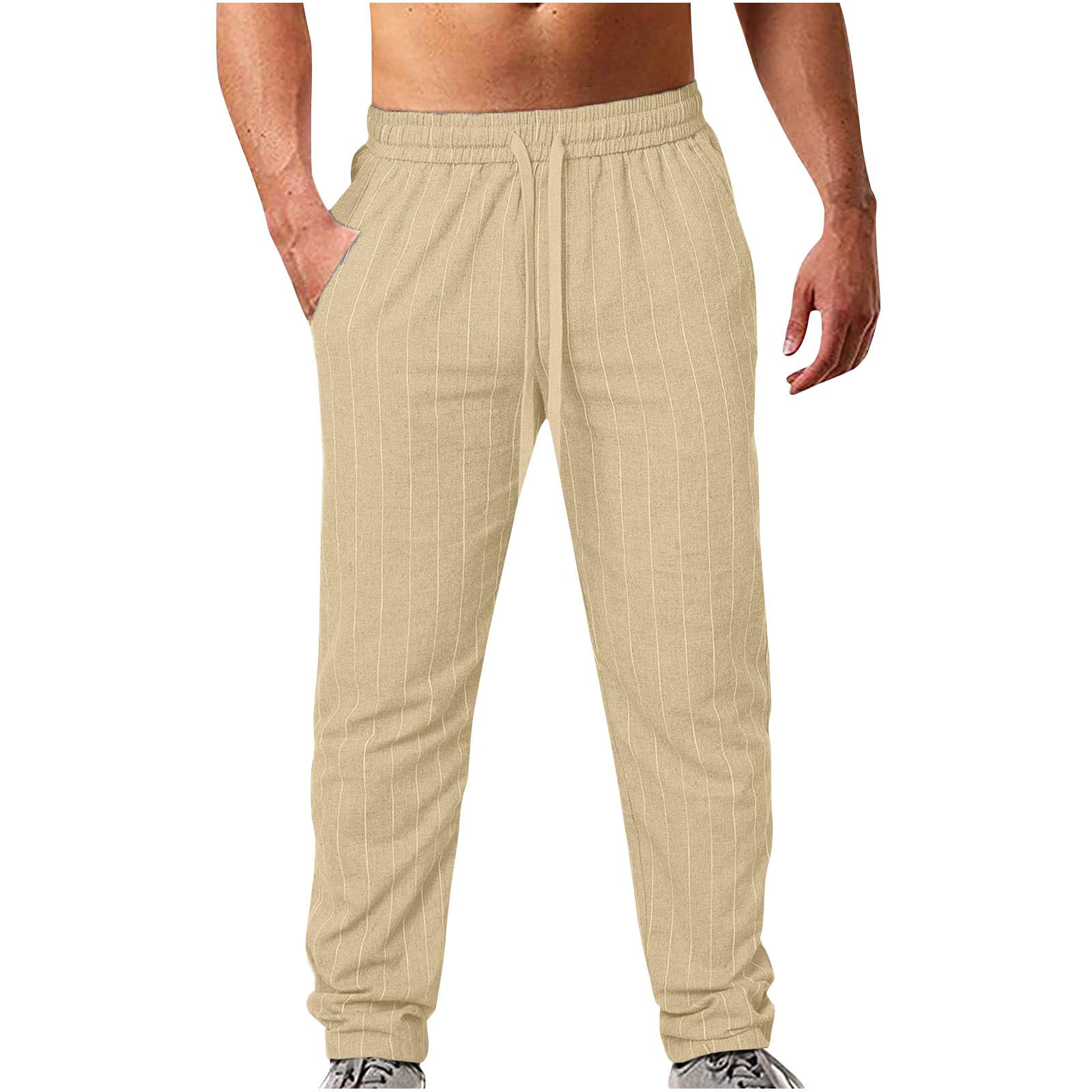 Men's Summer Thin Cotton Linen Pants - Elastic Waist with Drawstring & Pockets - Breathable Casual Sweatpants for Outdoor, Travel & Lounge Wear