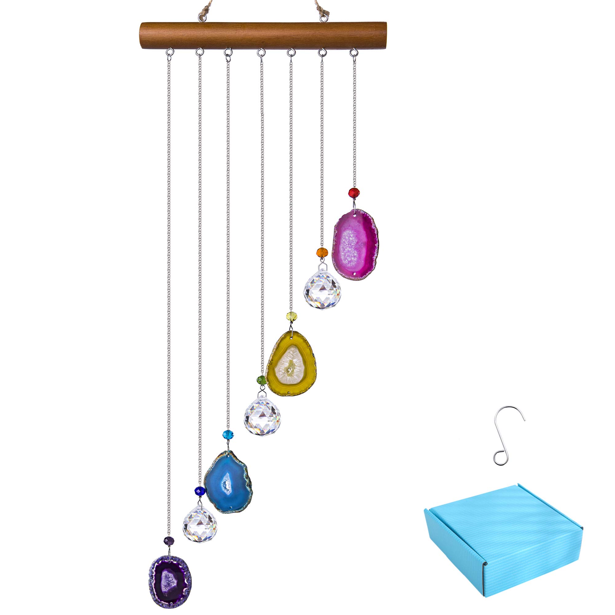 Natural Agate Slice Hanging Crystal Ball Prism Suncatcher - Rainbow Maker Window Ornament for Home, Garden & Outdoor Decor | Perfect for Living Room, Bedroom, Patio and Wedding Decorations