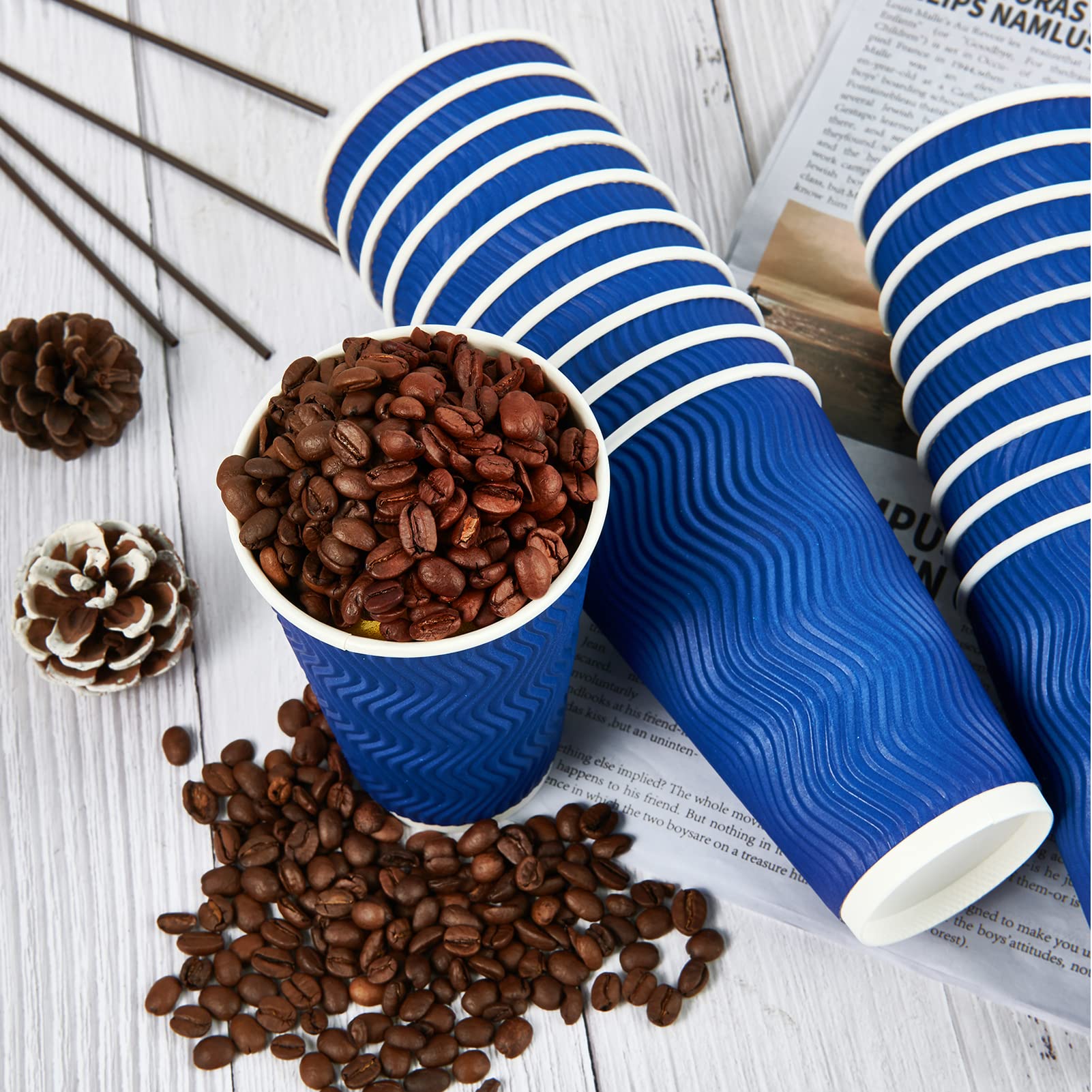 16 oz Disposable Paper Coffee Cups - 60 Pack, Heat Resistant Blue Ripple Wall Cups for Coffee, Tea & Hot Chocolate - Perfect for Office, Cafes & Home Use