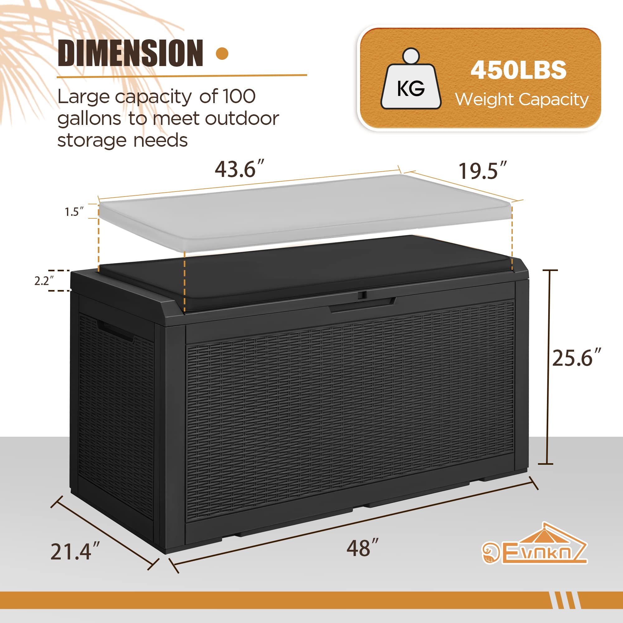 **Devoko 100 Gallon Waterproof Large Resin Deck Box - Outdoor & Indoor Storage Container with Lockable Lid & Cushion - Perfect for Patio Furniture, Garden, Pool Cushions, Toys & Seasonal Items (Black)**