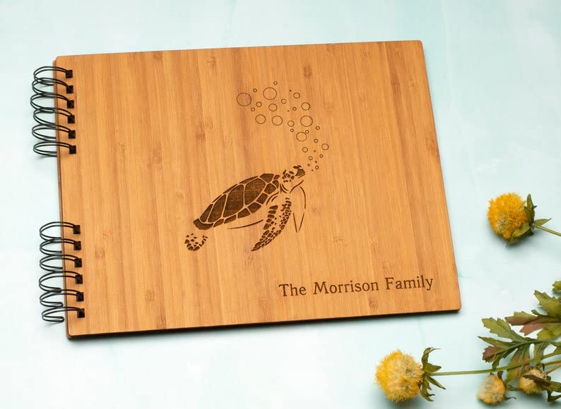 Personalized Sea Turtle Wood Photo Album - Custom Beach House Guest Book with Bamboo, Alder or Birch Cover - Handmade Wooden Notebook & Sketchbook for Wedding, Vacation & Memory Keeping