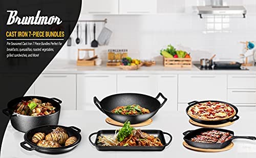 Premium 7-Piece Pre-Seasoned Cast Iron Cookware Set – Double Dutch Oven, Rectangular Grill Pan, Wok, Large Skillet, Square Grill Pan & Chainmail Scrubber – Perfect for Camping, Outdoor Cooking & Home Kitchen Use