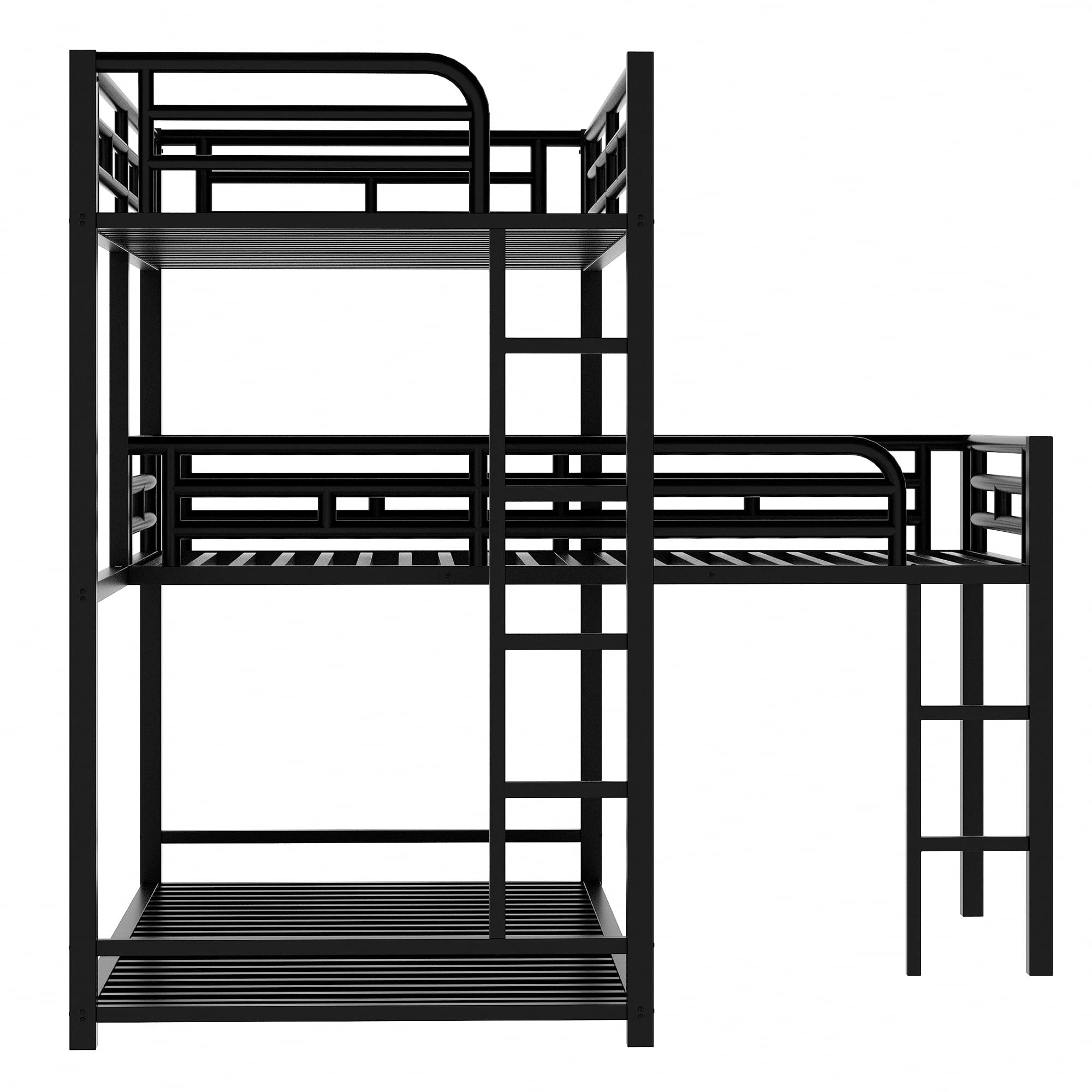 Twin Over Twin L-Shaped Metal Triple Bunk Bed with Ladder & Full-Length Guardrails - 3-in-1 Kids & Teens Bunk Bed in Black | Perfect for Small Bedrooms, Sleepovers & Space-Saving Solutions