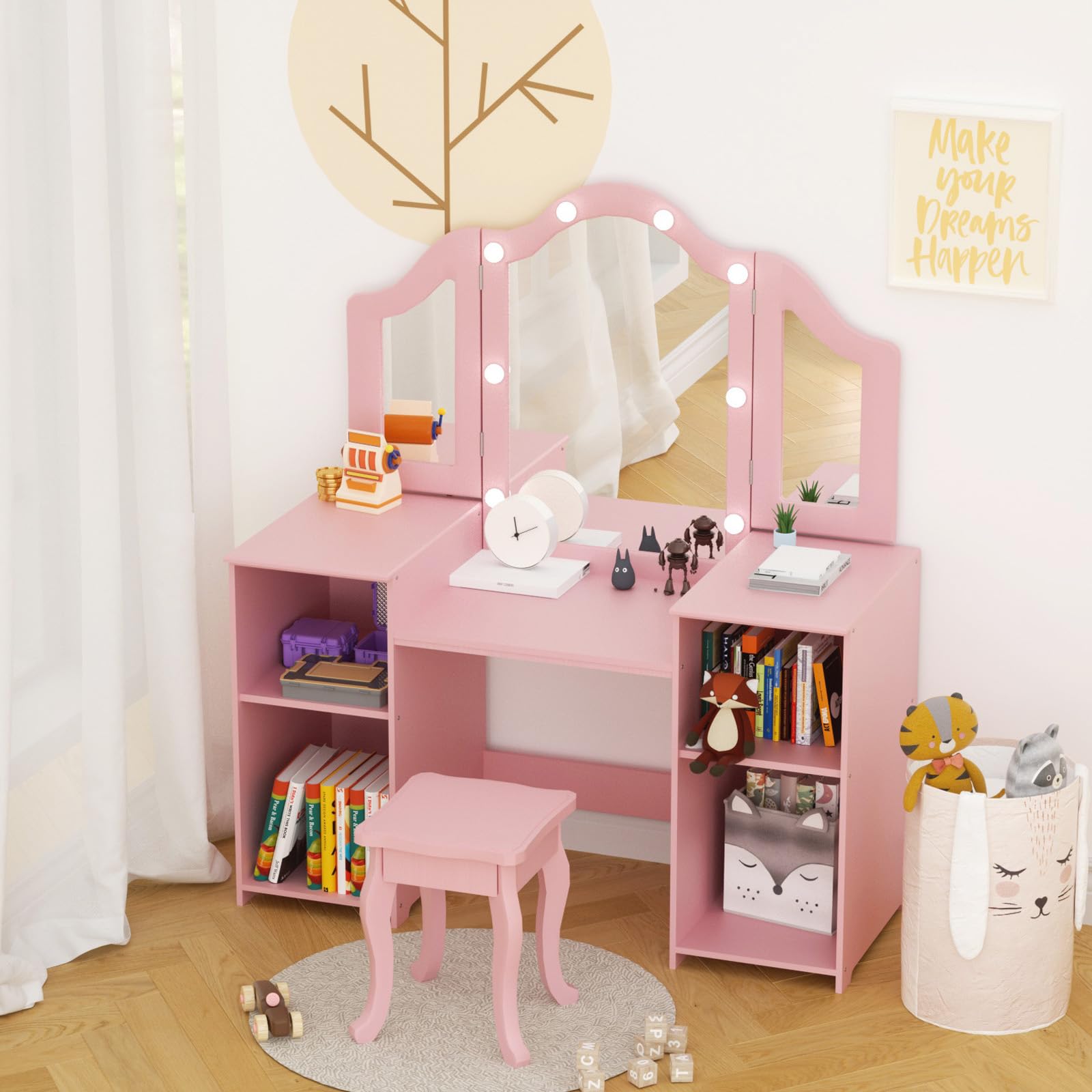 YUFU Kids Vanity Set - 2 in 1 Wooden Makeup Desk & Chair with Removable Tri-Fold Mirror, LED Lights and 4 Storage Compartments | Toddler Dressing Table for Girls (Pink) | Perfect for Pretend Play, Birthday Gifts & Bedroom Decor