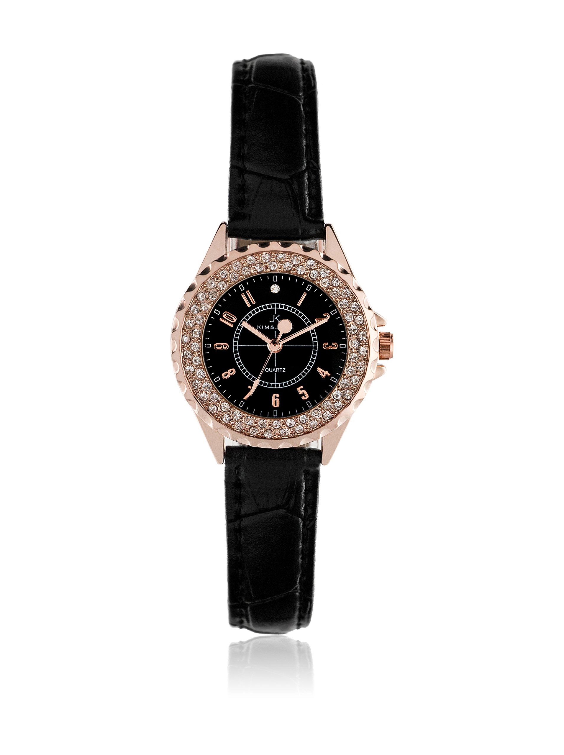 Kim & Jade 2033L-GPBLBL Rose Gold & Black Genuine Leather Strap Watch for Women - Elegant Fashion Accessory for Office, Party & Everyday Wear